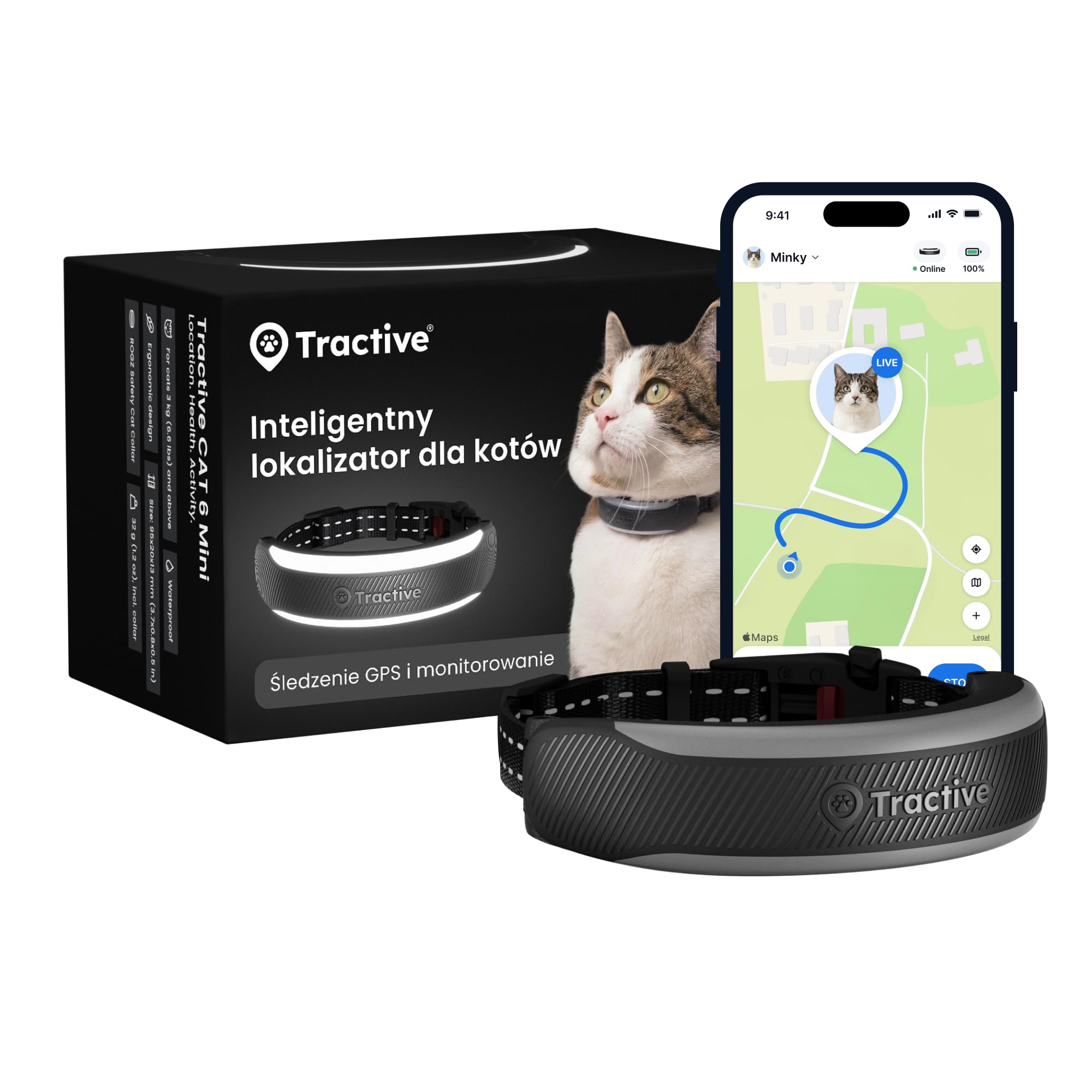 Tractive Inteligentny lokalizator GPS dla kotów Mini | model 2026 | lider na rynku | lokalizacja na żywo | ostrzeżenia zdrowotne i wartości witalne | zamknięcie bezpieczeństwa | zintegrowana obroża