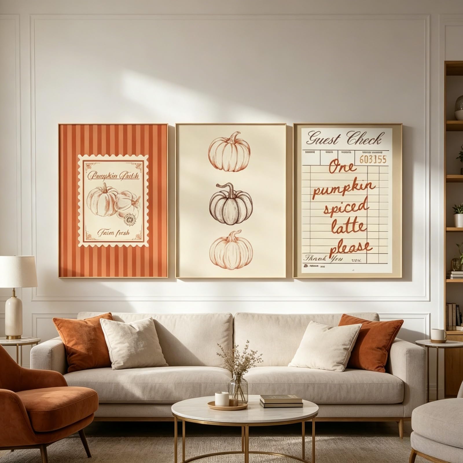 JORCEDI Set of 3 Posters, Fall Pumpkins Wall Art Prints, umpkin Vintage Posters,Orange Autumn Wall Art Decor, for Living Room Bedroom Kitchen, Unframed (40x50cm)