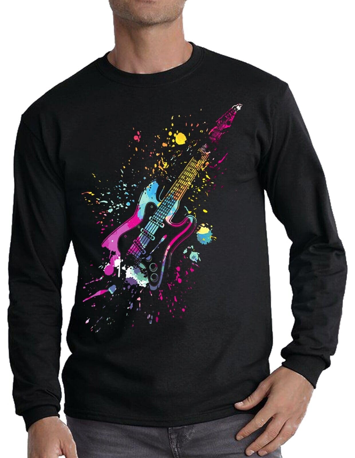 Punk Guitar Mens Long Sleeve T-Shirt Music Metal Goth Punk Skeleton Skull (Black, 4XL)