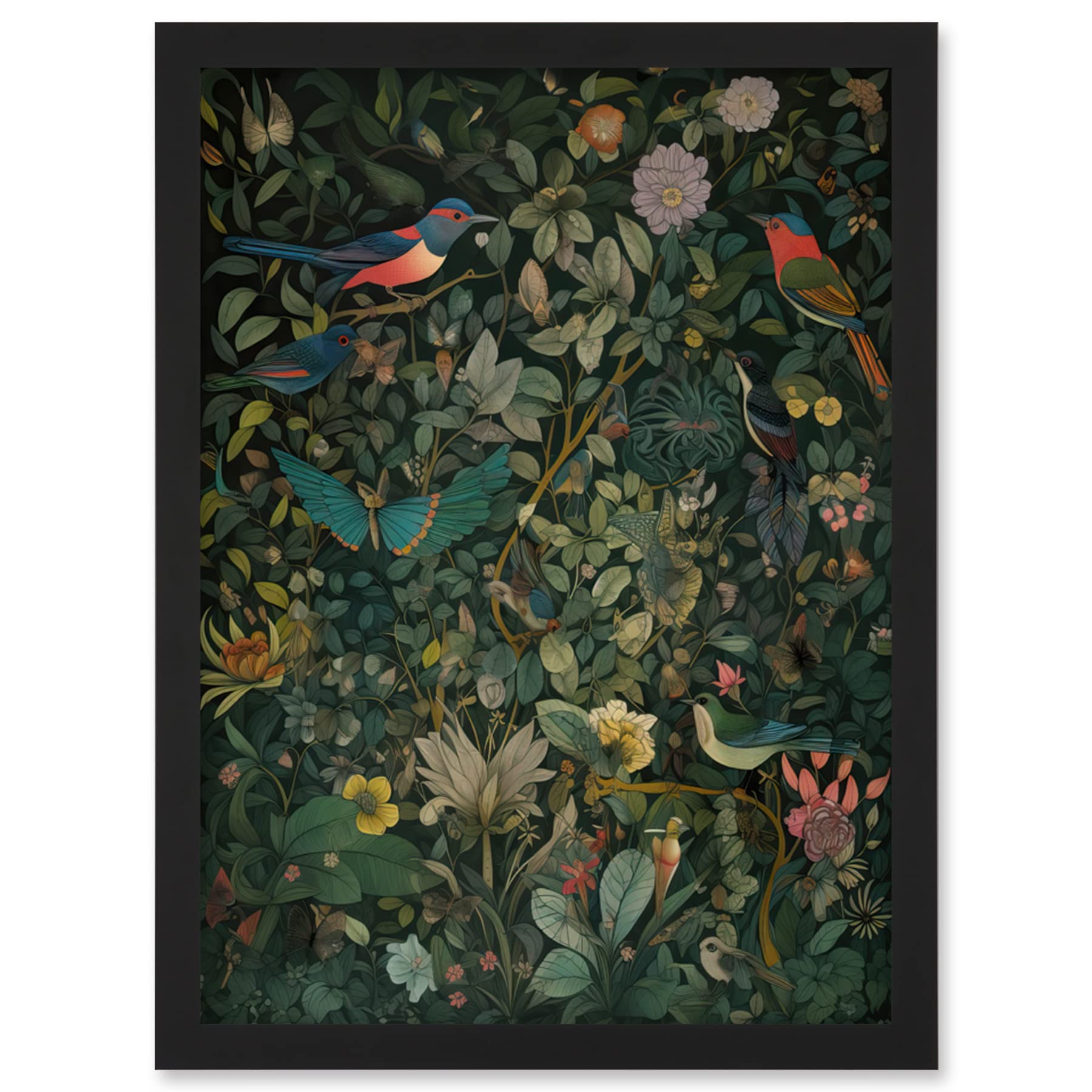 Artery8 Butterflies and Birds on Flowering Shrub Folk Art Artwork Framed Wall Art Print A4