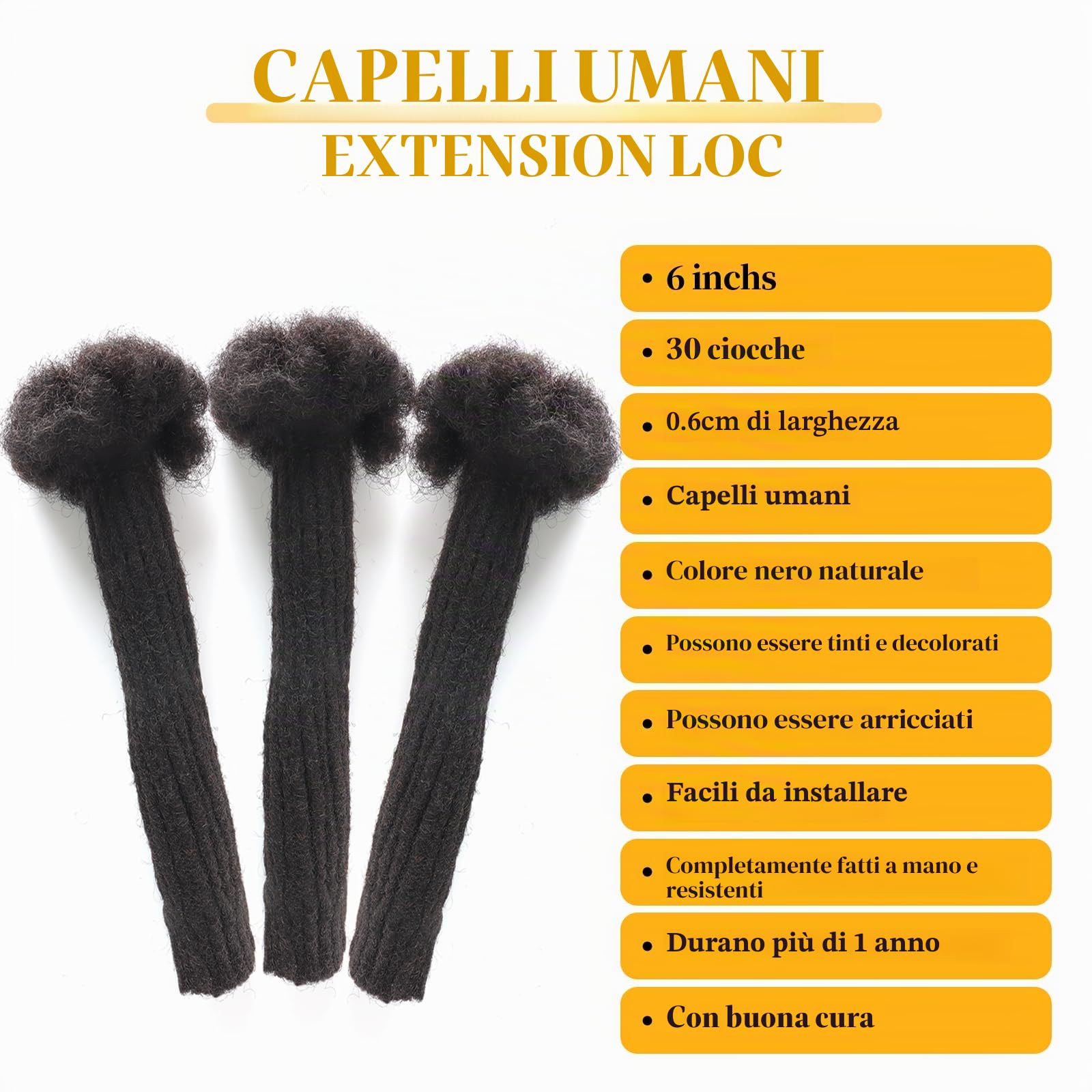 Extension per dreadlock da 15-45 cm, capelli umani sottili da 0,6 cm, capelli veri per uomini/donne/bambini, 30 ciocche di dreadlock permanenti fatte a mano, possono essere arricciate e