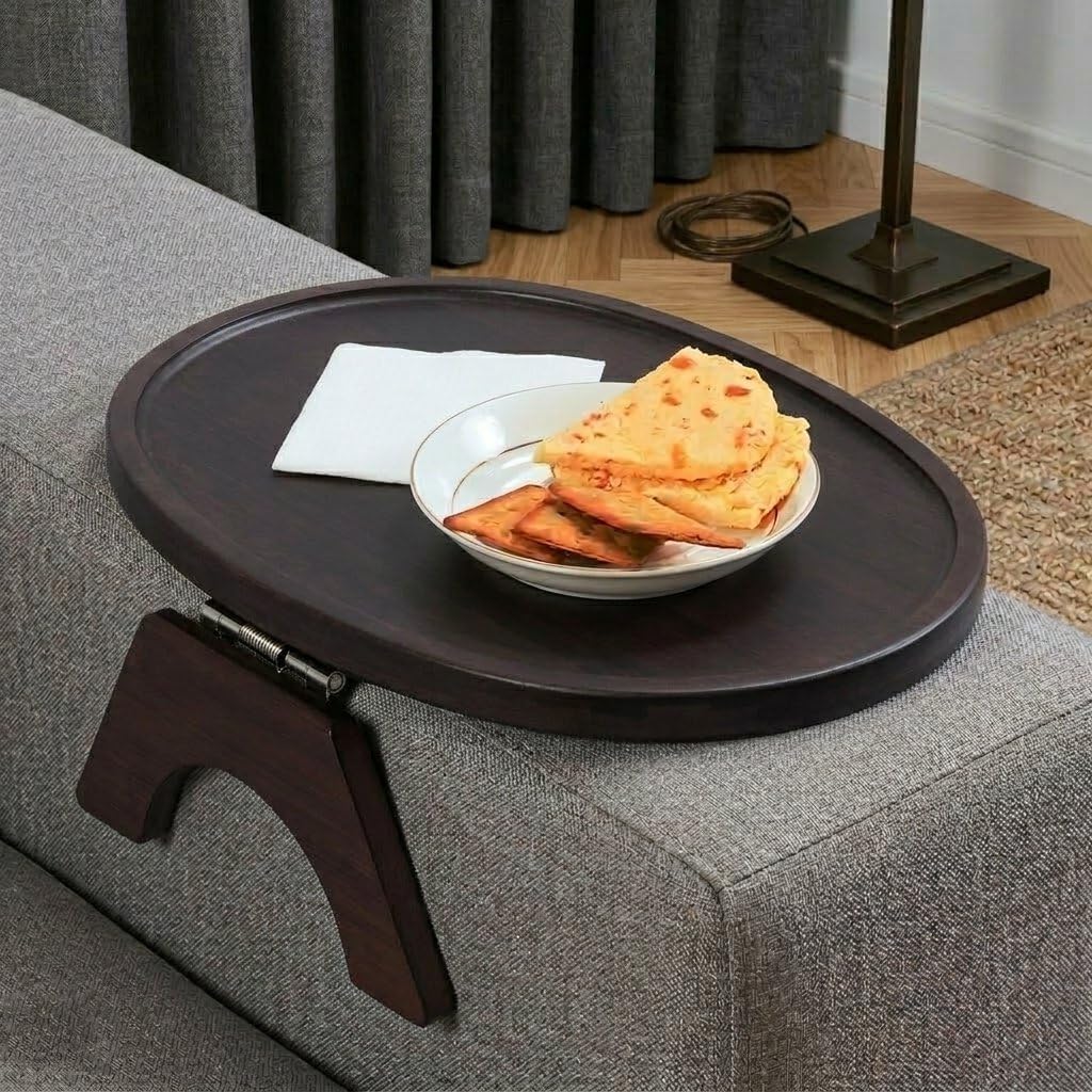 DETOR Clip-On Couch Armrest Table, 13.4" x 10" Oval Shape, Mahagony Bamboo Finish, Stainless Steel Hinges, Odor-Free Non-Slip Pads, Fits 6"–10" Armrests