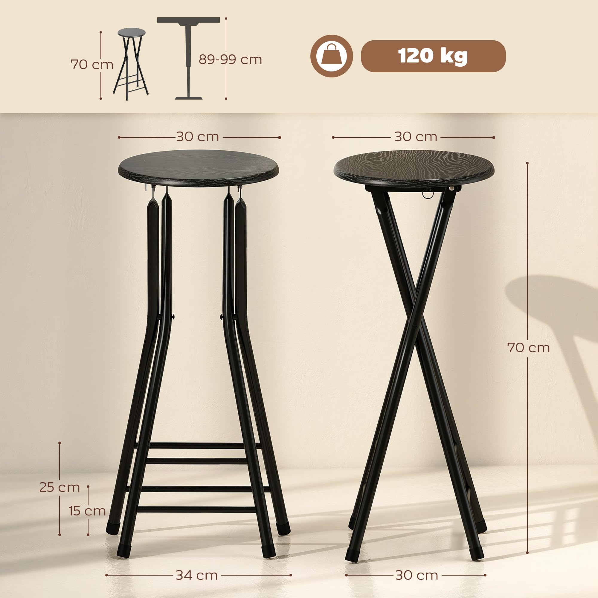 HOMCOM Set 4 Sgabelli Bar Pieghevoli, Sgabelli Cucina Alti Rotondi con 2 Poggiapiedi, Struttura in Legno e Acciaio, Sedie Bar Alte, per Penisola, Nero