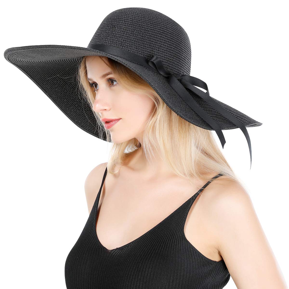 Lanzom Sombrero de paja de ala ancha para mujer, plegable, plegable, enrollable, grande, sombrero de playa, UPF 50+