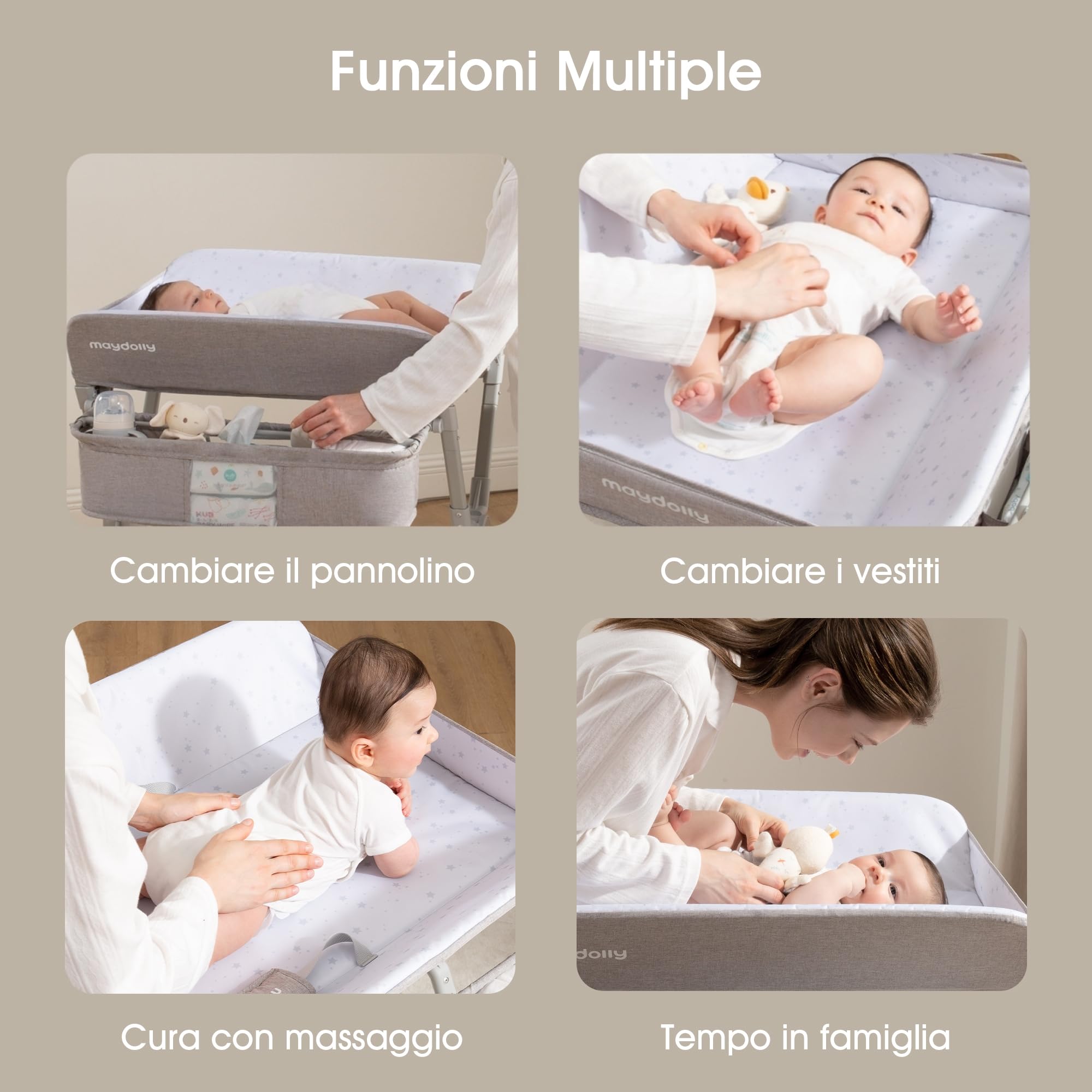 Fasciatoio pieghevole e regolabile in altezza Maydolly, fasciatoio portatile con ruote, materassino impermeabile e facile da pulire, fasciatoio salvaspazio con ripiani – grigio