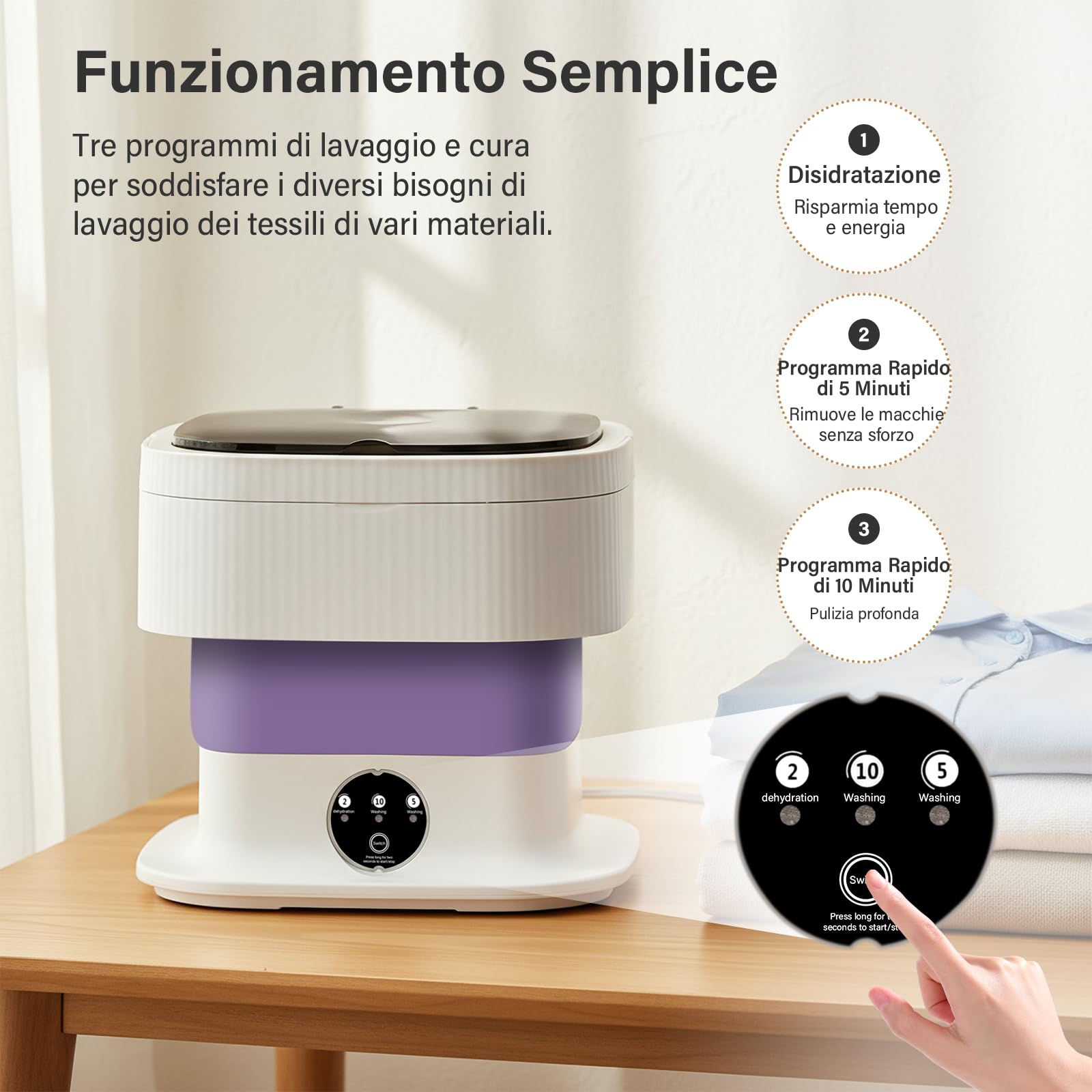 Lavatrice con Funzione Centrifuga – Lavatrice con Controllo Touchscreen, 3 Programmi di Lavaggio, Funzionamento Silenzioso, per Appartamento, Residenza Studentesca, Campeggio e Viaggio