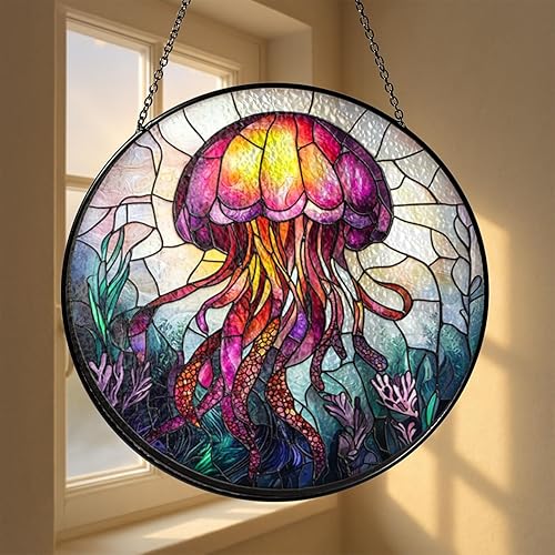 Miniatura 3 de Ocean Jellyfish Window Suncatcher, Round Stained Glass Style Reef Panel, Unique Sea Inspired Home Decor Gift
