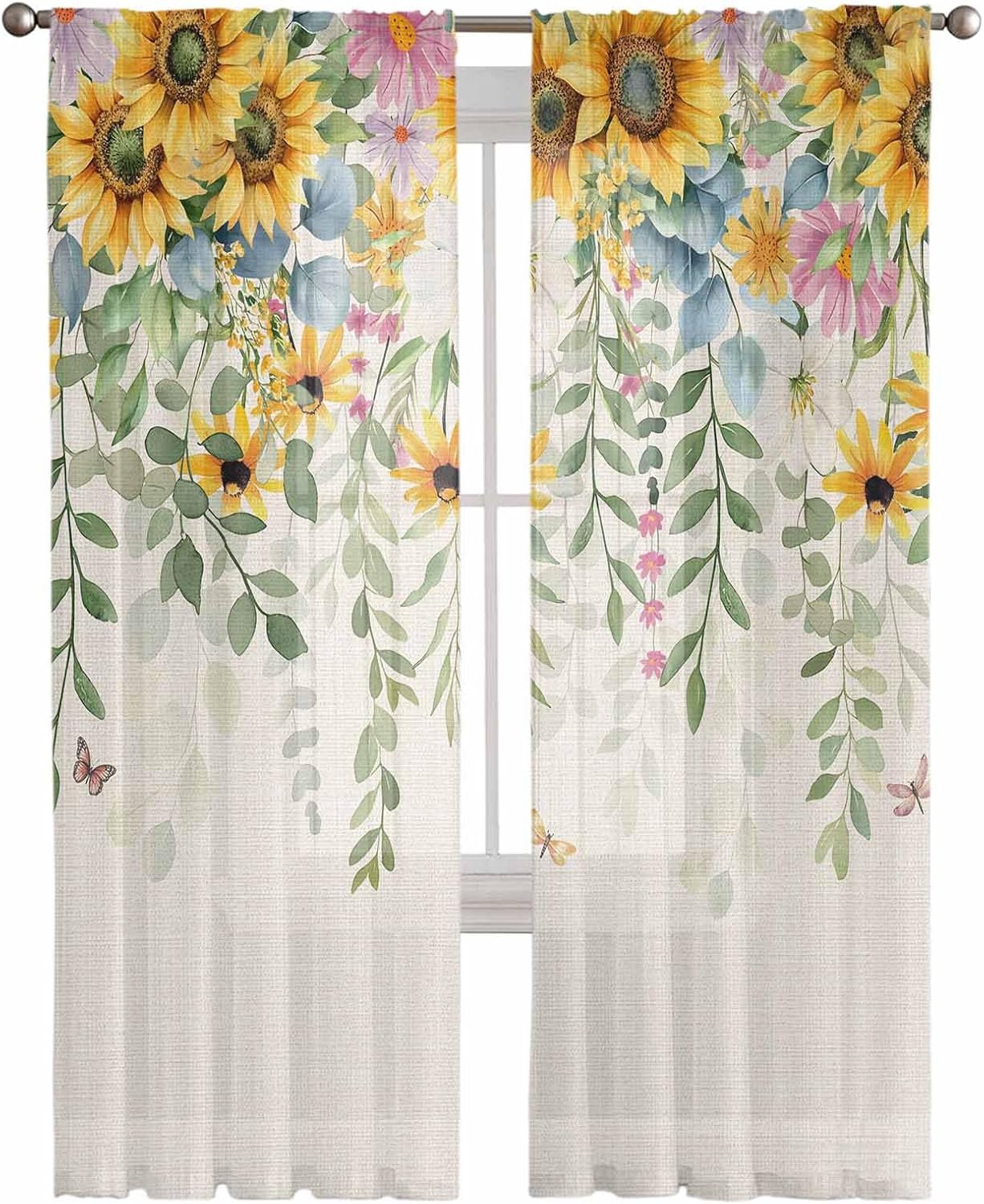 Sunflower Sheer Curtains 84 Inches Long, Plants Eucalyptus Leaf Flowers Window Treatment Panels Light Filtering Rod Pocke Curtain Voile Drapes for Bedroom/Living Room Each 52" W x 84" L