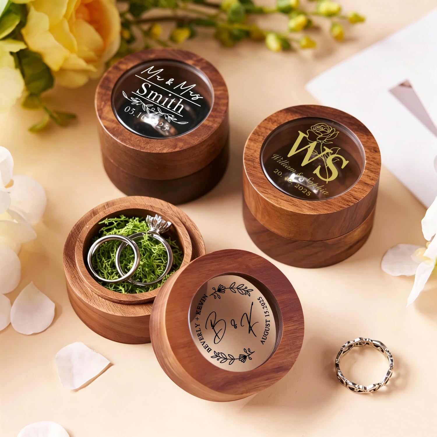 BFBZYME Personalized Retro Wood Ring Box with Clear Acrylic Top, Custom Vinyl Name & Date Wedding Ceremony Ring Holder, Romantic Engagement Proposal Gift for Her