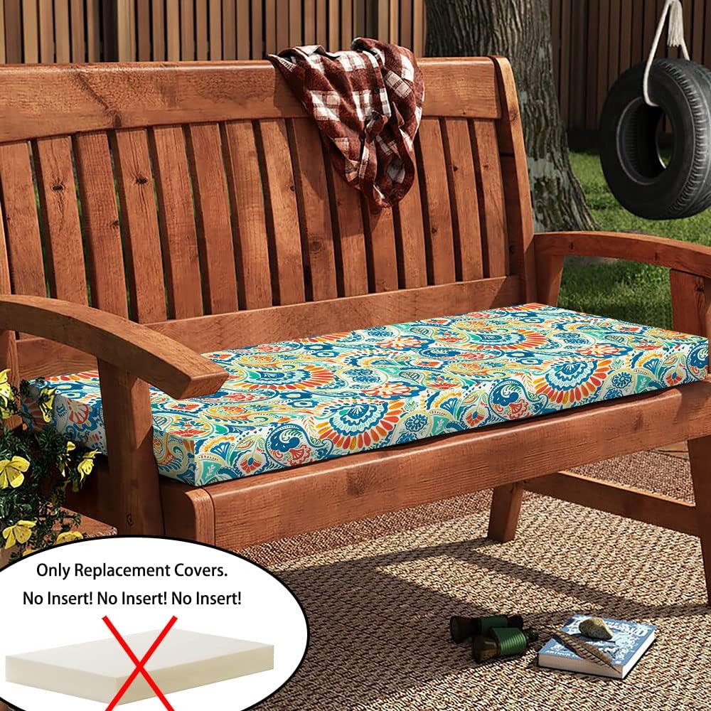 Magpie Fabrics Patio Bench Loveseat Cushion Covers (Replacement Cover only, No Insert!), Waterproof Fade Resistant Swing Cushion Slipcover with Ties(42x18x3 Inch, Paisley Multi)