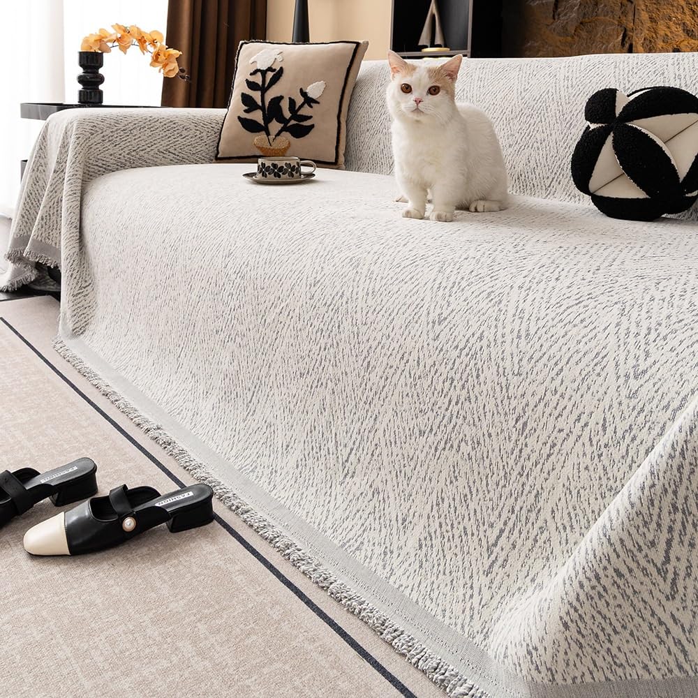 LIQOOEO Textured Chenille Couch Cover with Boho Tassel