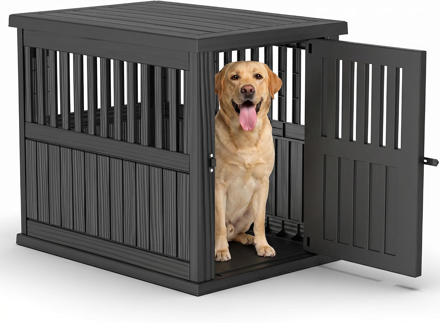 Heavy-Duty Resin Dog Crate for Large Dogs – Weatherproof, Ventilated Design, Easy-Clean Plastic Dog House with Lockable Door, Portable Kennel for Indoor/Outdoor Use (Black, Large)