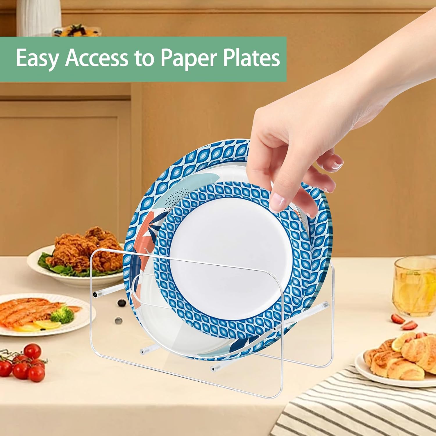 Paper Plate Dispenser, Acrylic Plastic Plate Holders, 7-12 Inch Disposable Plates Storage Organizer Rack for Cabinet, Countertop, Counter, Kitchen, 2 Pack