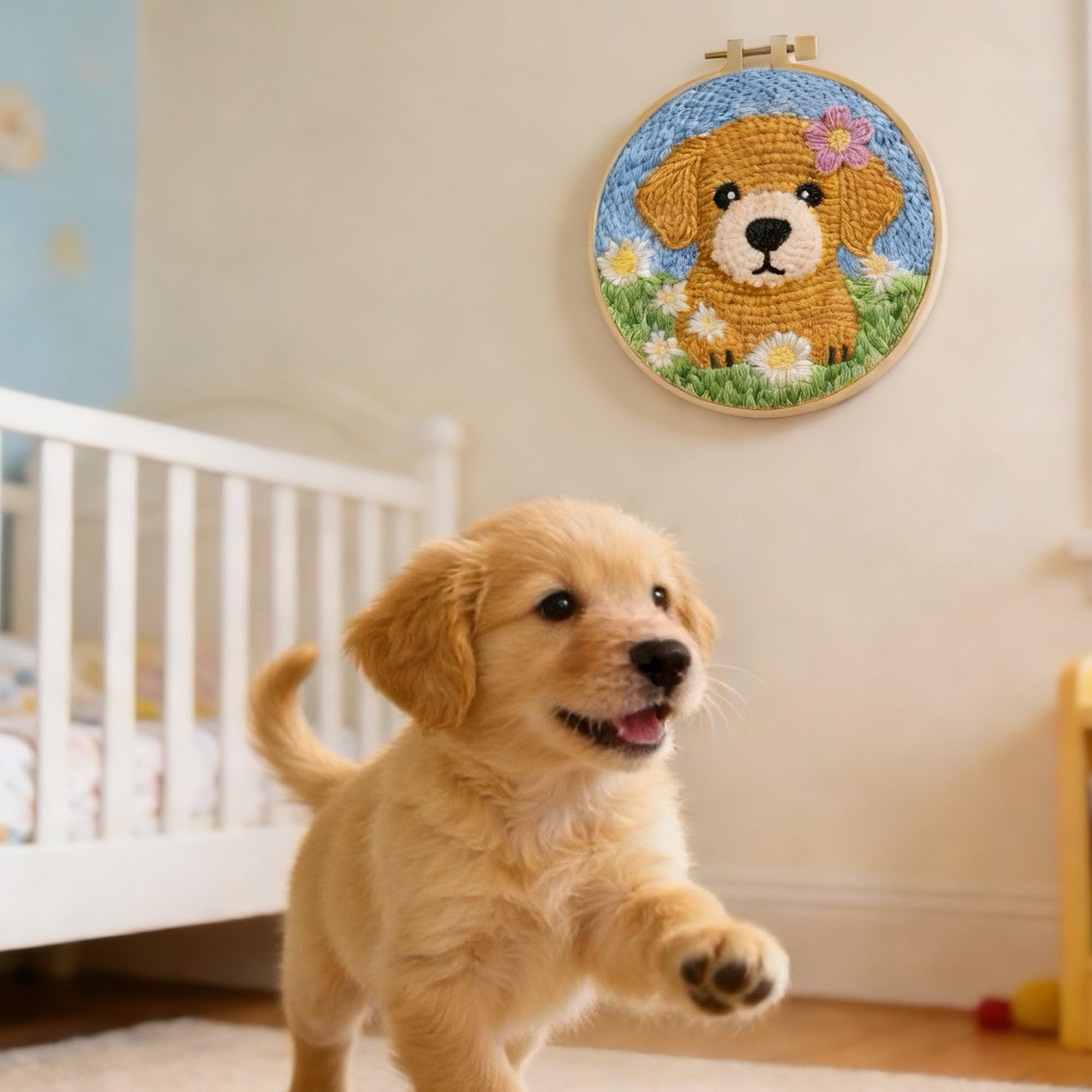 Kit di aghi da punzonatura per principianti: adorabile cucciolo di Golden Retriever fai da te, kit tutto in uno con cerchio, tessuto e filato, regalo facile e decorazione per la casa per adulti e