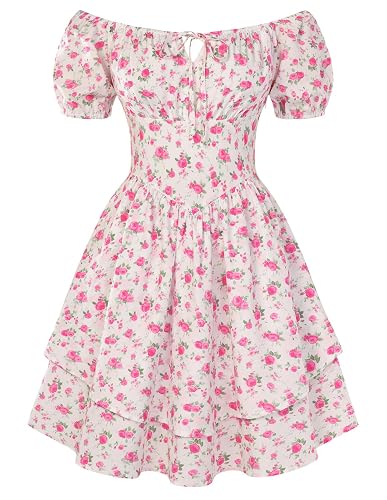 Scarlet Darkness Floral Corset Dress for Women Cute Summer Mini Sundress | Adjustable Straps, Lace Trim, Built-in Tulle Liner, Pockets, Smocked Back, Cottagecore, Graduation, Beach Vacation Outfit - Large - Pink Rose