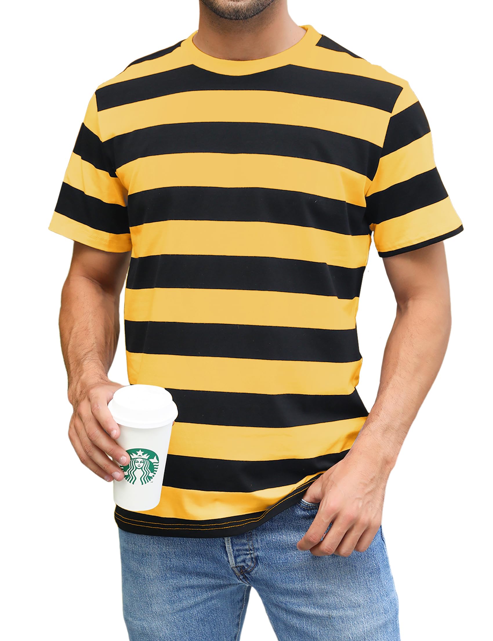 Sykooria Round Neck Wide Striped T-Shirt Black&Yellow Bold Stripes Casual Short Sleeve Tops for Men, Black/Yellow Bold Stripes XXL