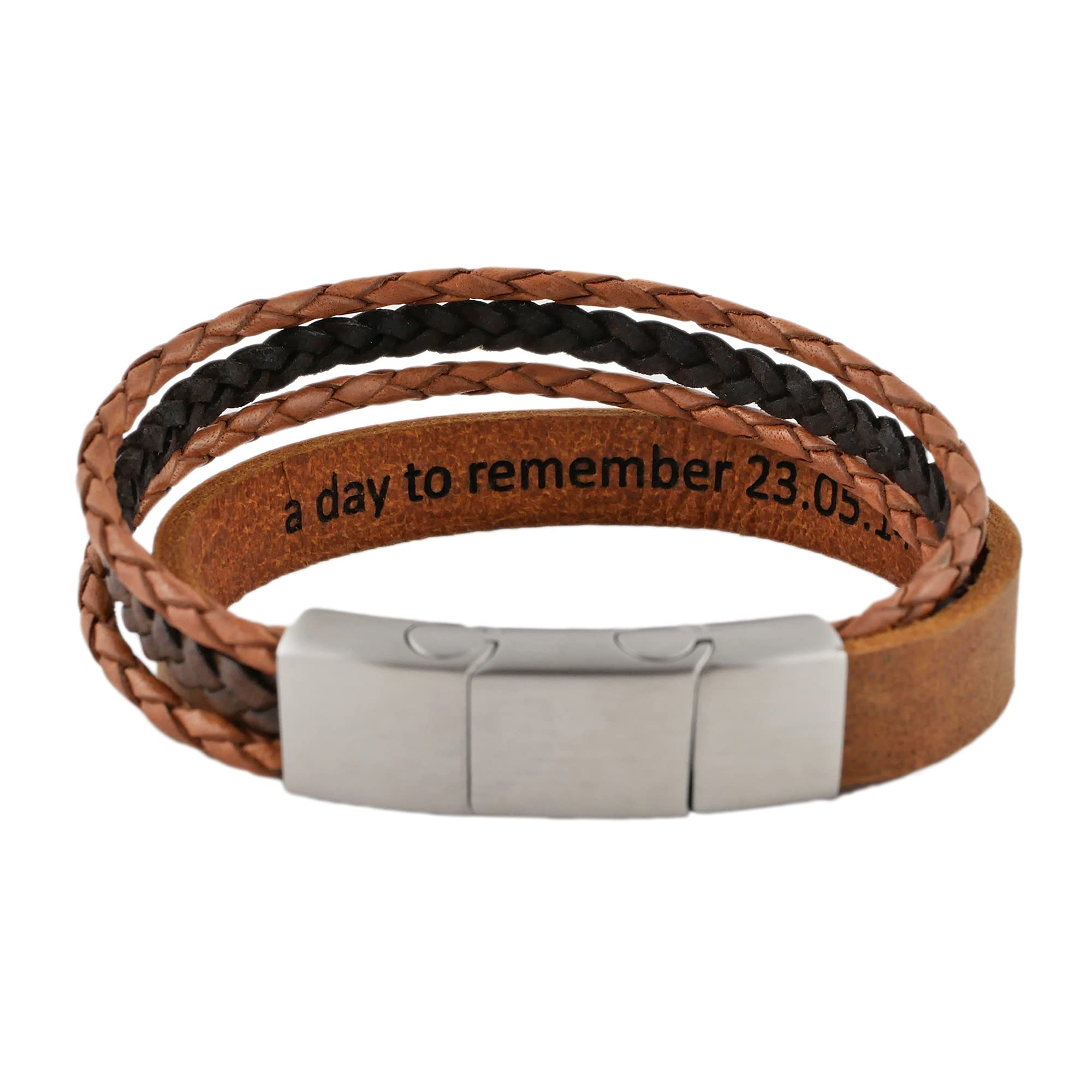 Armband mit Namen, Lederarmband Herren mit Gravur, personalisiertes Geschenk für Männer und Frauen, Echtleder cognac, Magnetverschluss Edelstahl, Freundschaftsarmband, Partnerarmband