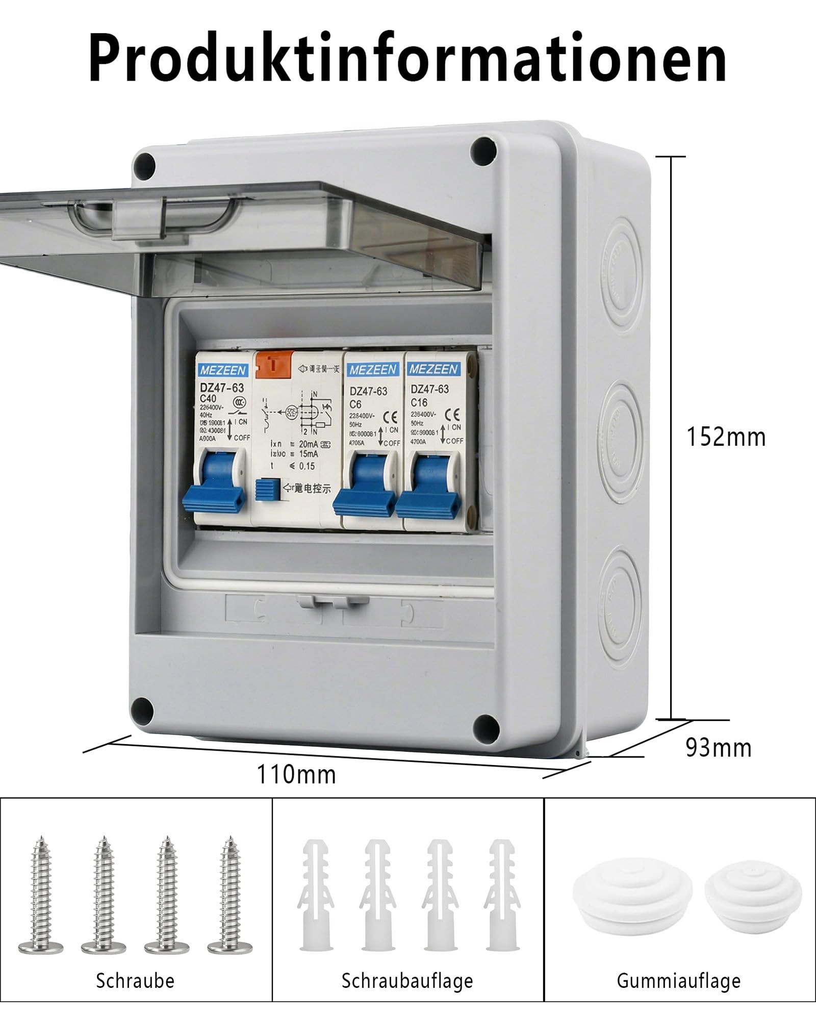 Sicherungskasten 2-Wege Kleinverteiler: IP65 Wasserdichte Sicherungskasten Aufputz mit FI Schalter 6A+16A für Garagen Wohnwagen Zuhause Büro (40A 30mA RCD 2MCB)
