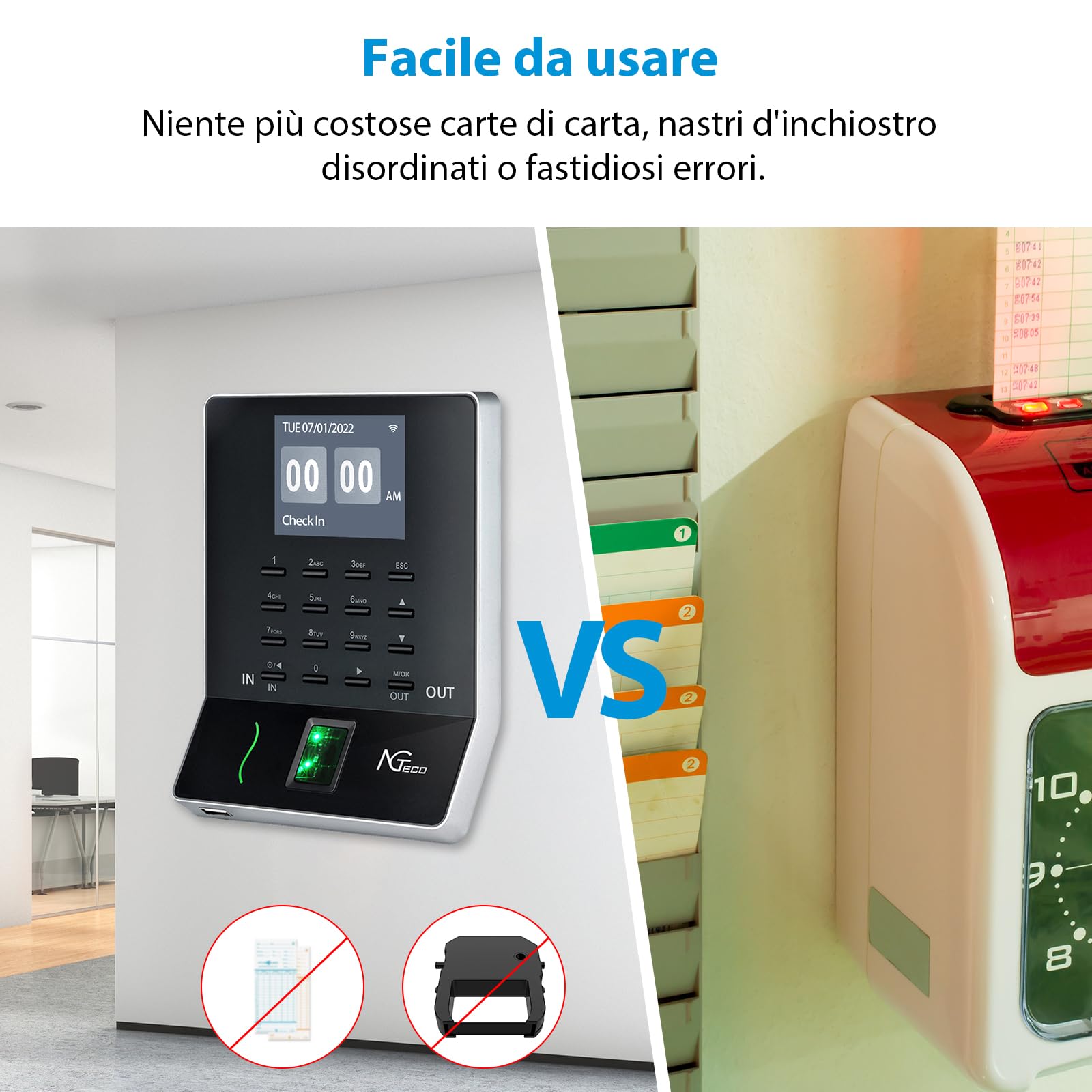 NGTeco WIFI Rilevazione Presenze W2, con verifica delle presenze tramite impronta digitale e lettore, fino a 50 utenti, app per iOS/Android (English)