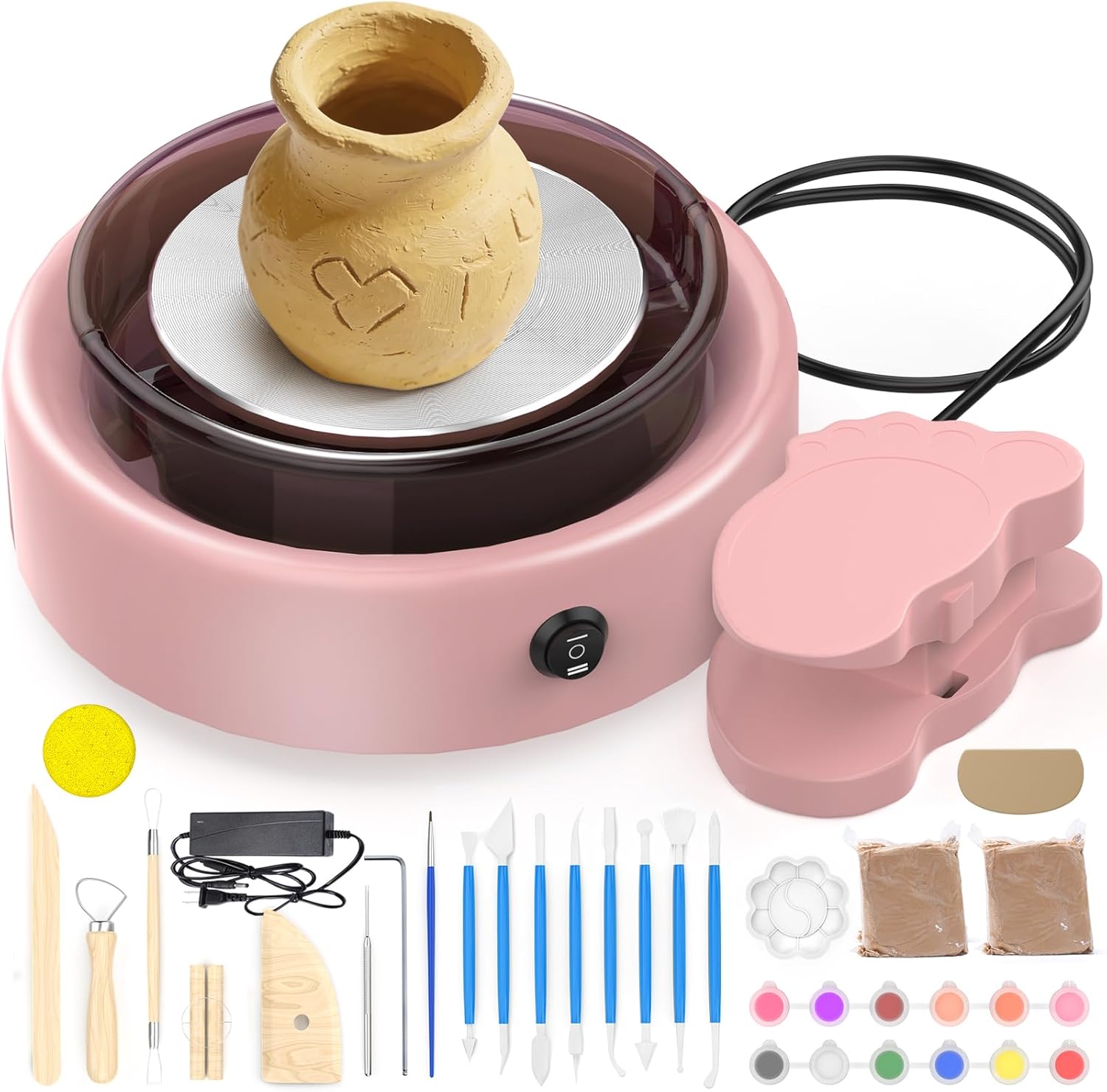 Skirfy Mini Pottery Wheel for Beginners Adults with Foot Pedal9.5" Ceramic Machine for Kids Art Craft Glow in Dark Kits 2.2LB Air-Dry Clay,Carving Tools Adjustable Speed,DIY Projects Birthday Gift