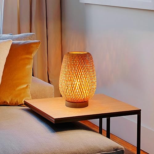 Miniatura 9 de Lámpara de mesa de ratán para dormitorio, lámpara de noche de bambú bohemia, pequeña lámpara de mesa de noche de mimbre para sala de estar,