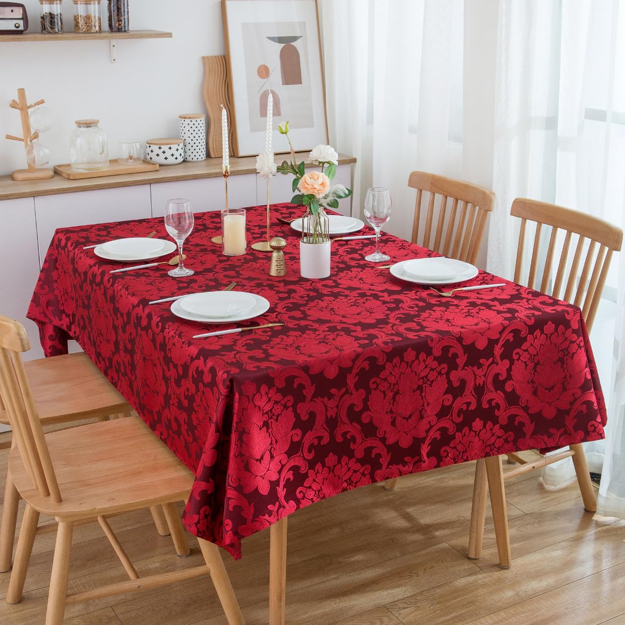 SPRICA Jacquard Tablecloth Rectangle 210x150cm Classic Flower Pattern Thick Heavy Weight Soft Table Cover, Machine Washable, Burgundy - Image 3