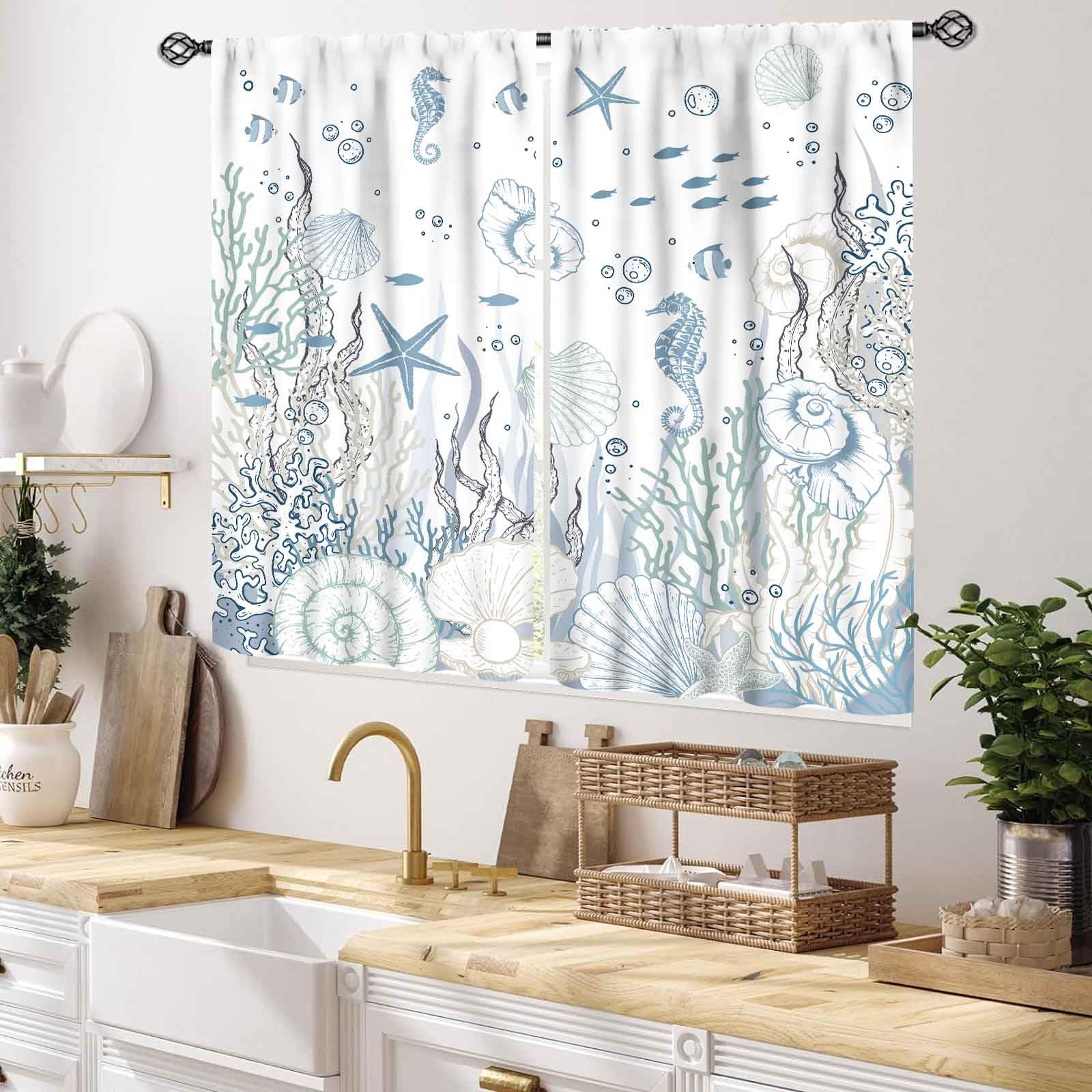 Nautical Beach Curtains, Coastal Seahorse Sea Turtle Starfish Seashell Undersea Animal Blue Blackout Drapes for Bedroom Living Room Kids Room Bathroom Kitchen Window Treatments 2 Panel, 55x39 Inch