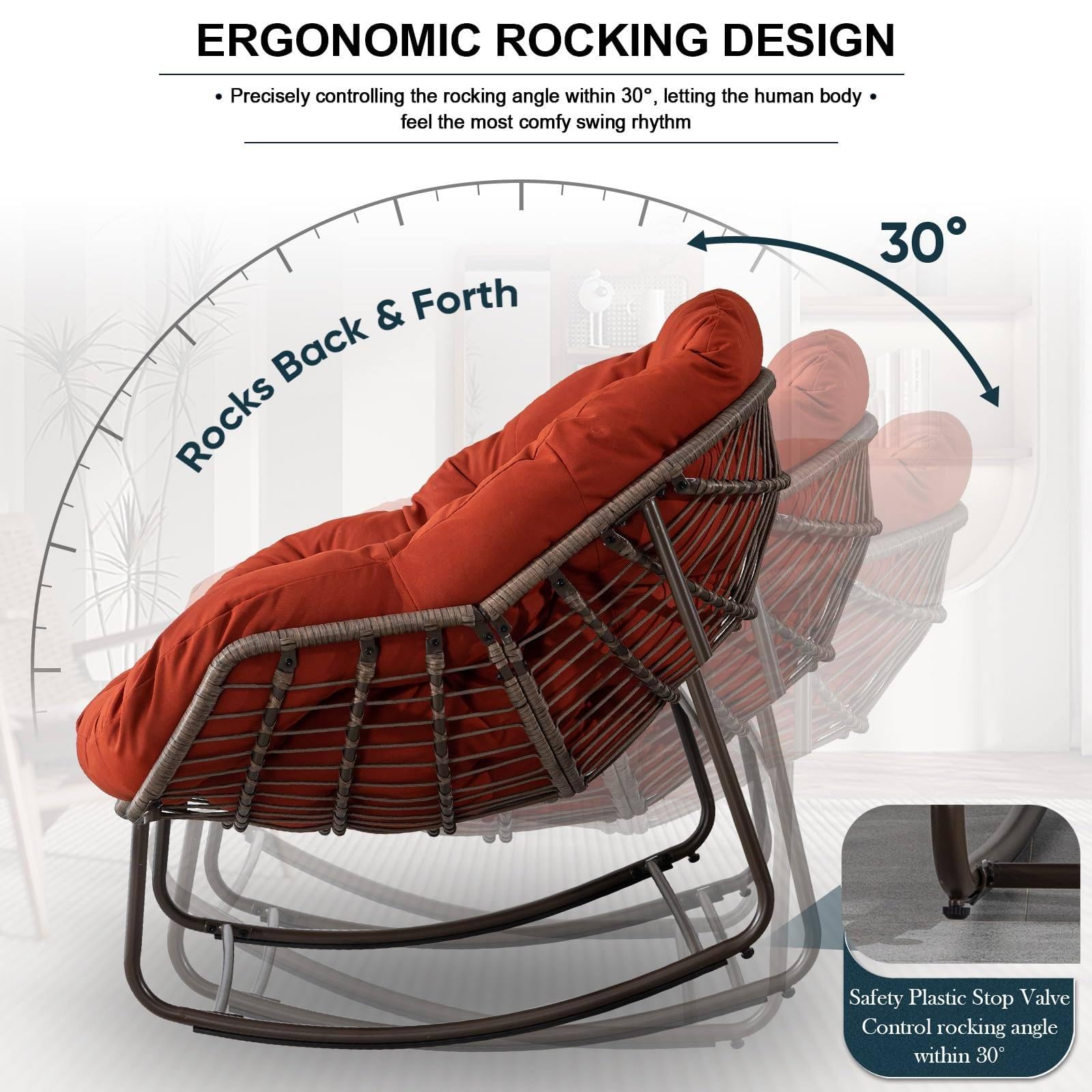 Sedia a dondolo da veranda per uso interno ed esterno - Reclinabile in rattan a 30° con cuscino imbottito,Carico massimo 250 libbre (117 kg) - Ideale per patio,giardino e soggiorno,Orange