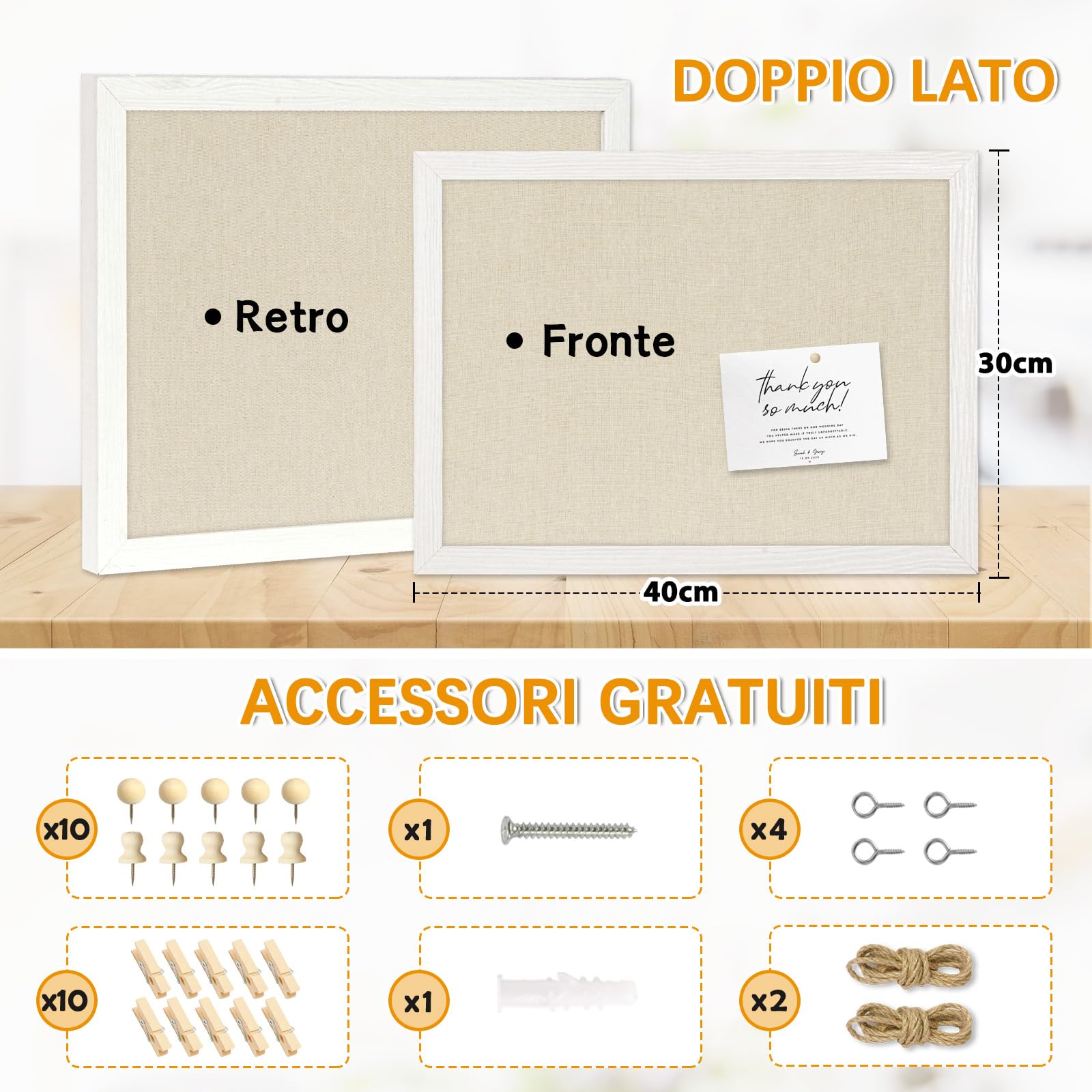 DOLLAR BOSS Bacheca in sughero con lino 30×40CM Lavagna in sughero piccola | bacheca in sughero bifacciale con legno cornice per casa, cucina e ufficio 1 pezzo