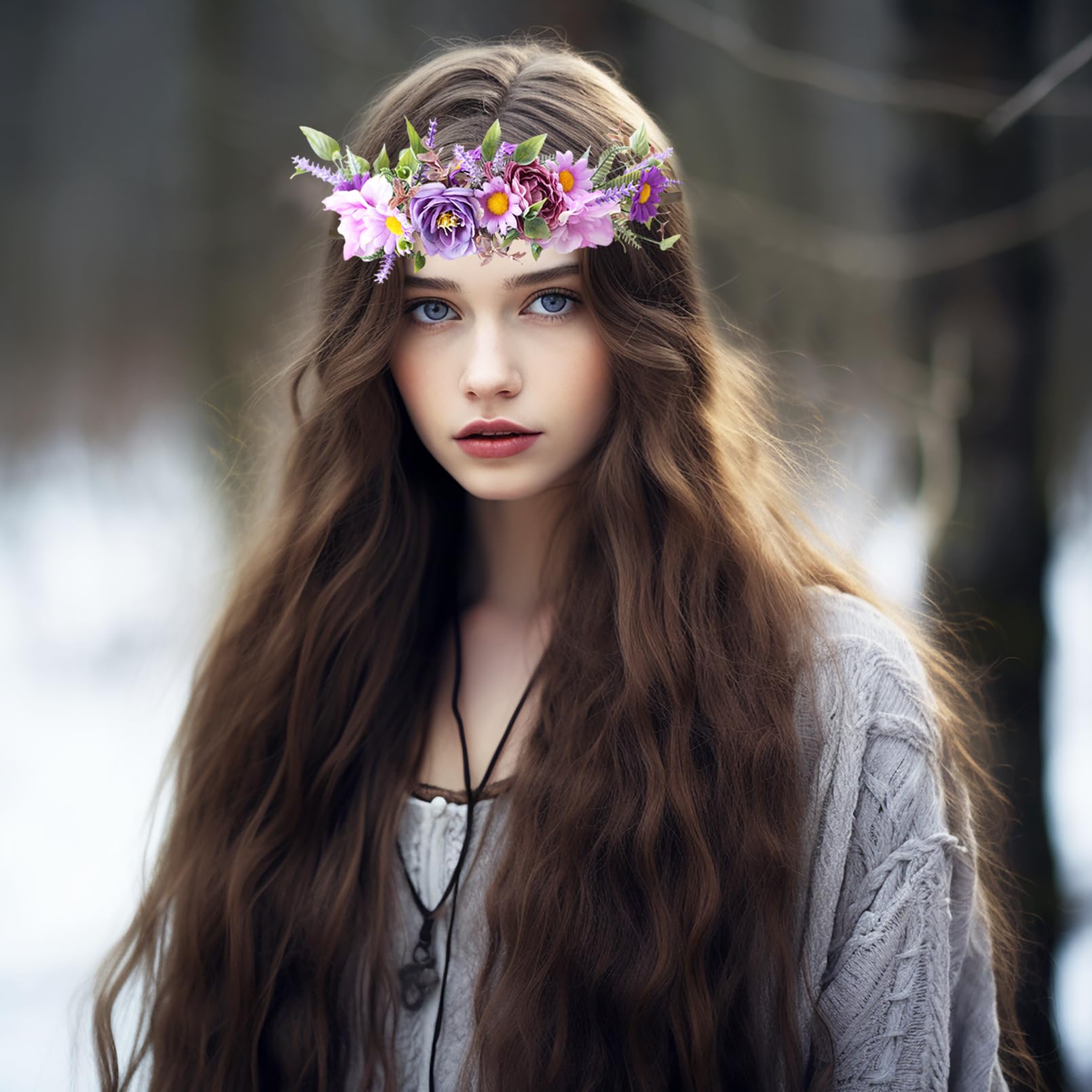 Brikuinr Floral Halo Crown Wreath Flower Garland Headband Hair Wreath Floral Headpiece Boho Wedding Party Festival with Ribbon - Image 4