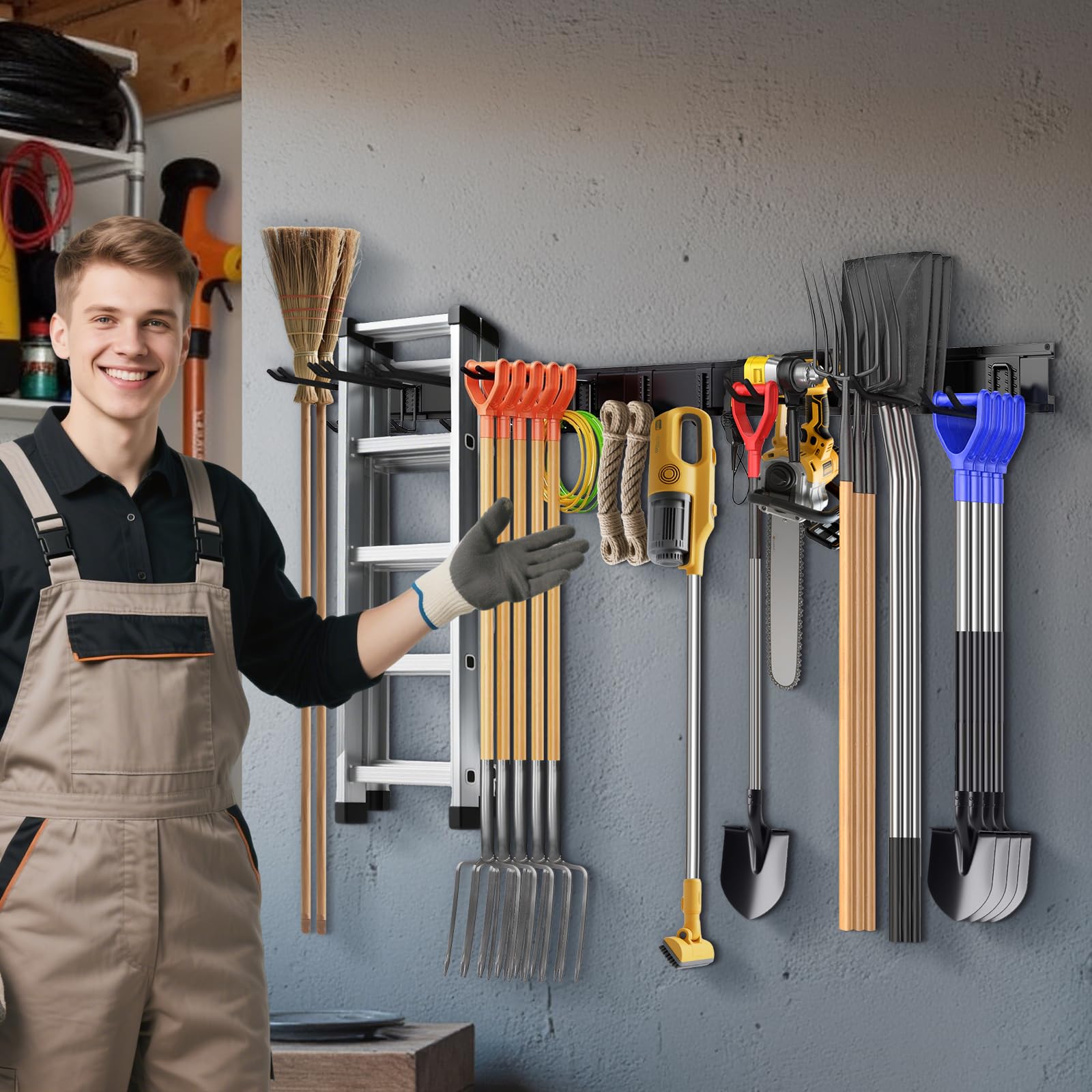 Garage Tool Manager, Porte Outils Mural, Rangement Outils Jardin, Support Mural d'Outils de Garage avec 9 Crochets et 3 Rails pour Outils de Jardin, Pelles, Balais