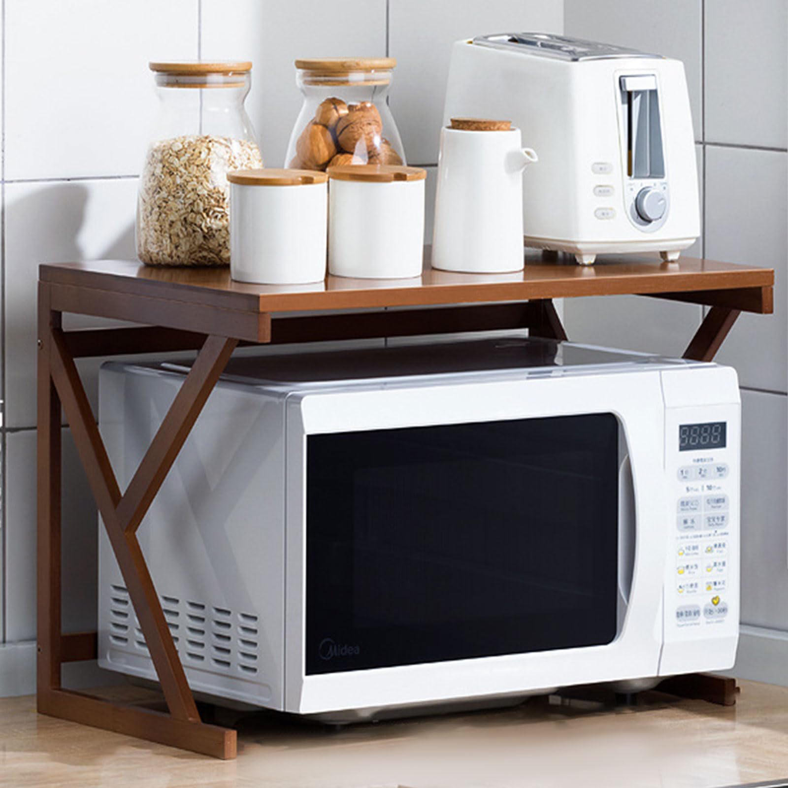 Mensola Per Microonde A 2 Livelli In Legno - Scaffale Organizzatore Per Cucina Con Spazio Extra Per Tostapane E Spezie