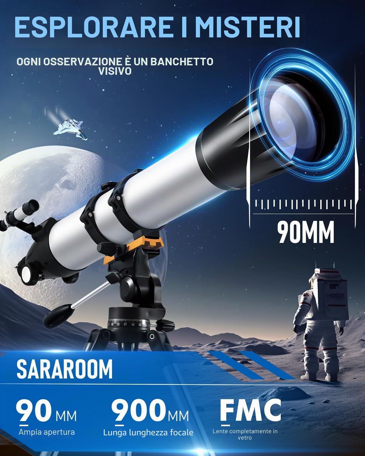 Telescopio Astronomico per Adulti e Principianti - Apertura 90mm, 900mm Refrattori Telescopi Professionale, Telescope Portatile per Bambini con Treppiede, Adattatore Telefono, Filtro lunare