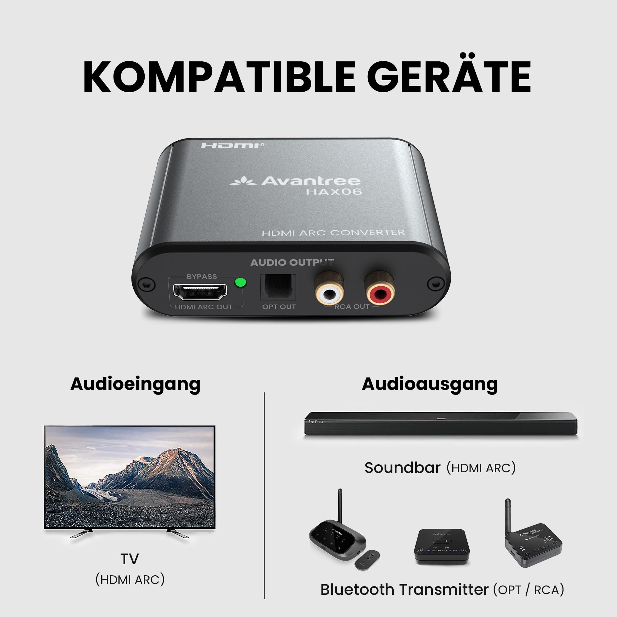 Avantree HAX06 – HDMI ARC Audio Extractor mit Bypass für TV, Soundbar & Kopfhörer gleichzeitig, Optische & RCA-Ausgänge