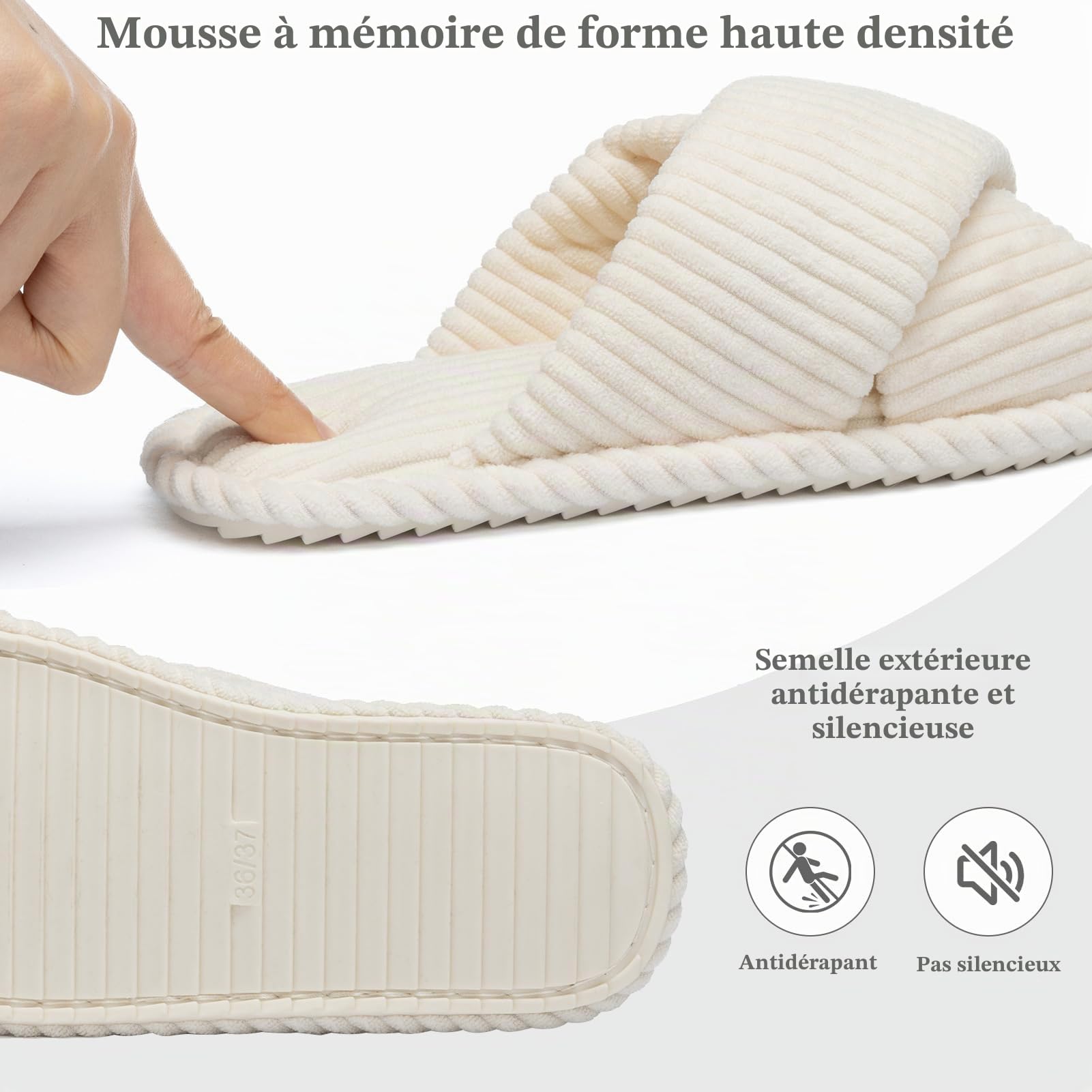 GOEWY Chaussons Femme en Velours Côtelé - Mousse Mémoire, Bout Ouvert Brides Croisées Semelle Antidérapante - Confort Tendance, Idée Cadeau