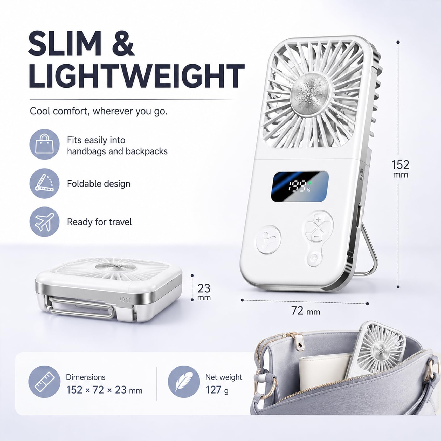 Handheld Fan Rechargeable, Portable Mini Fan with Ice Cooling Plate, 199 Speeds Foldable Hand Held Fan - Image 2