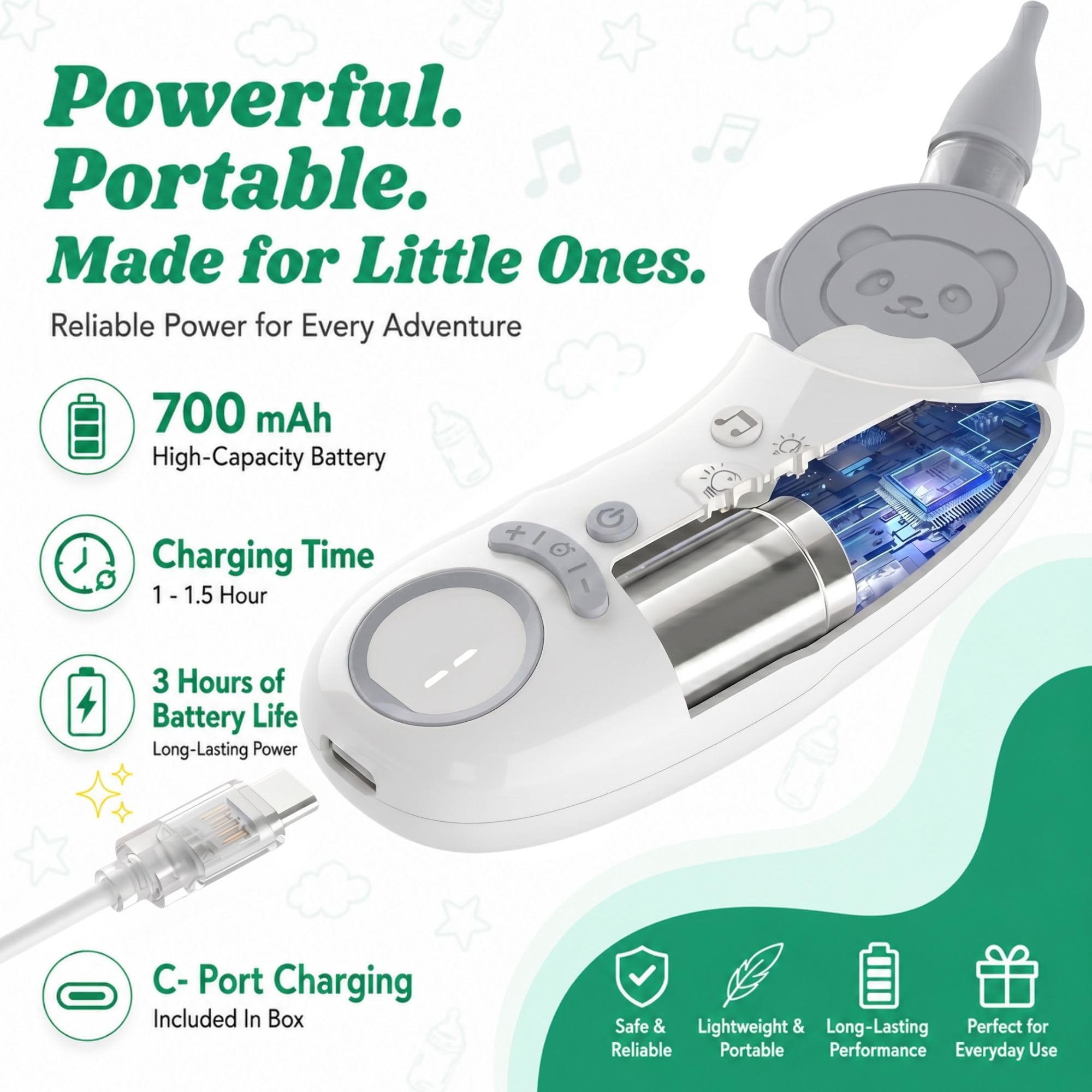 Aspiratore nasale elettrico per bambino, con ventosa per il naso con design adatto ai bambini, 5 livelli di aspirazione fino a 70 kPa, LED lenitivo e musica, coperchio rimovibile, impermeabile IPX7