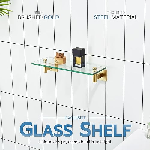 Miniatura 4 de KOKOSIRI Estantes de pared flotantes de acero inoxidable dorado de 12 pulgadas, accesorios de baño de vidrio templado, estante colgante