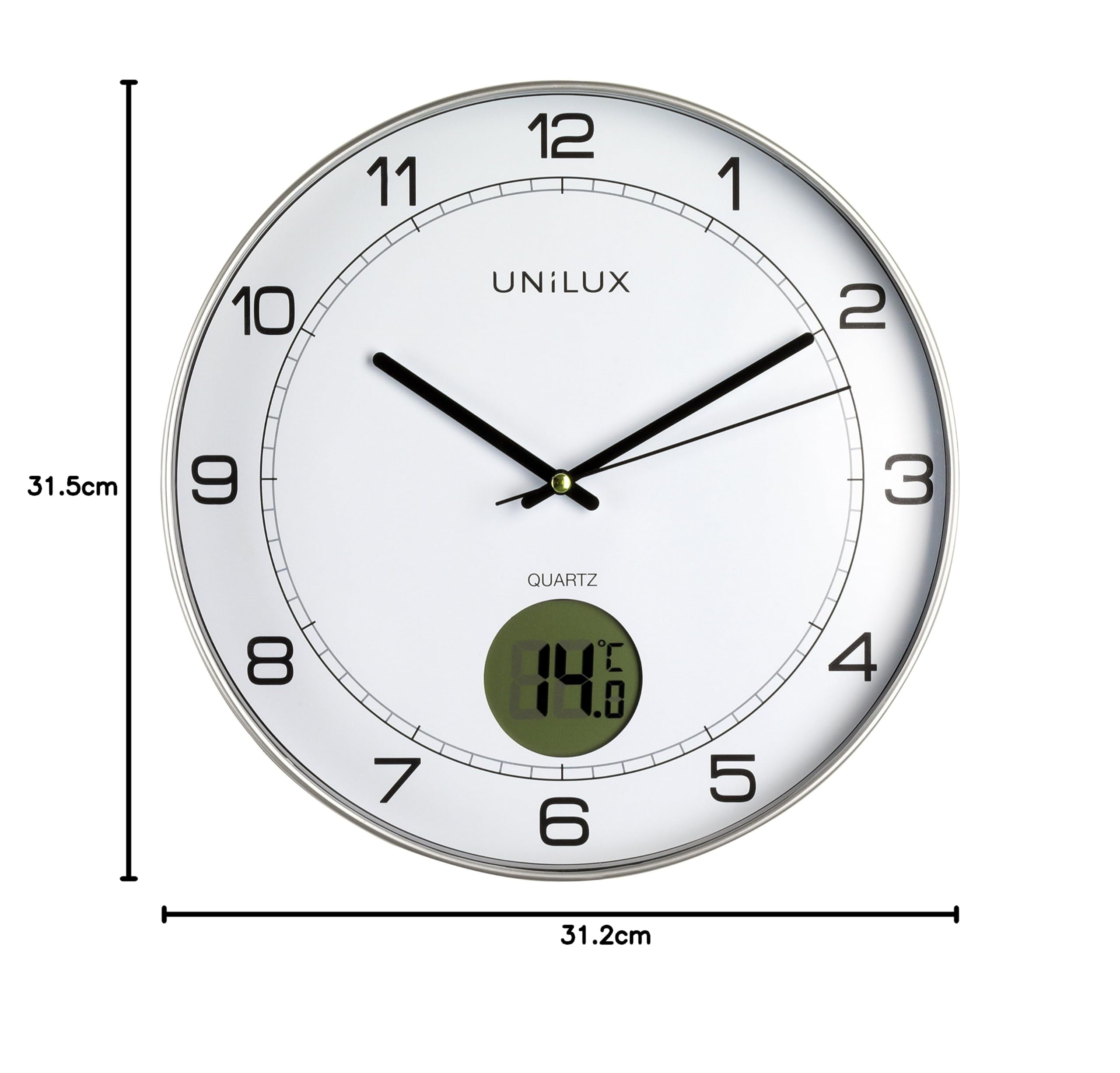 Unilux Wanduhr Tempus, 30cm, ohne Ticken, mit Digitalanzeige für Temperatur