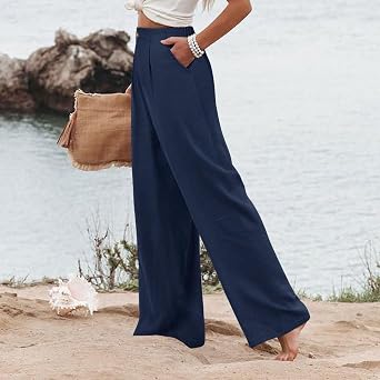 eoeioa High Waisted Business Casual Pants for Women Summer Flowy Wide Leg Pants Dressy Boho Beach Pants Trousers with Pockets