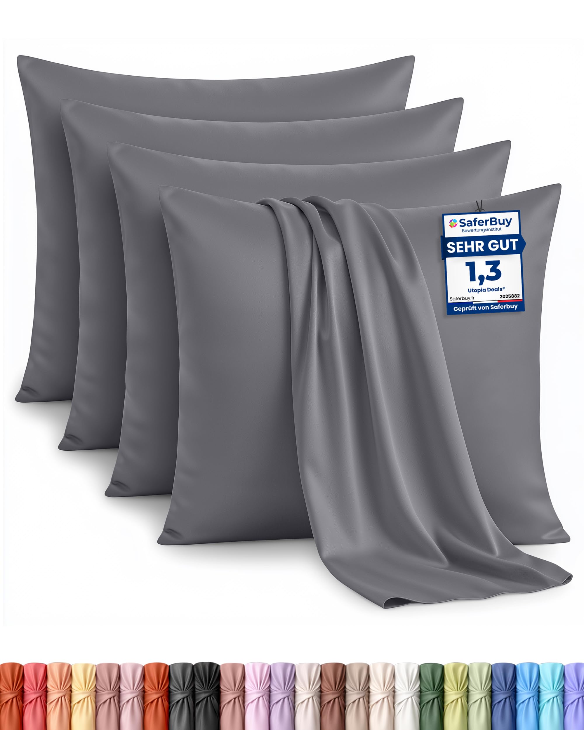 Utopia Bedding Kissenbezug 4er-set 60 x 60 cm mit Umschlagverschluss, Grau | 100% Gebürstete Mikrofaser, OEKO-Tex-zertifiziert, knitterfrei, farbecht und schmutzabweisend, Kissenfüllung nicht enthalten