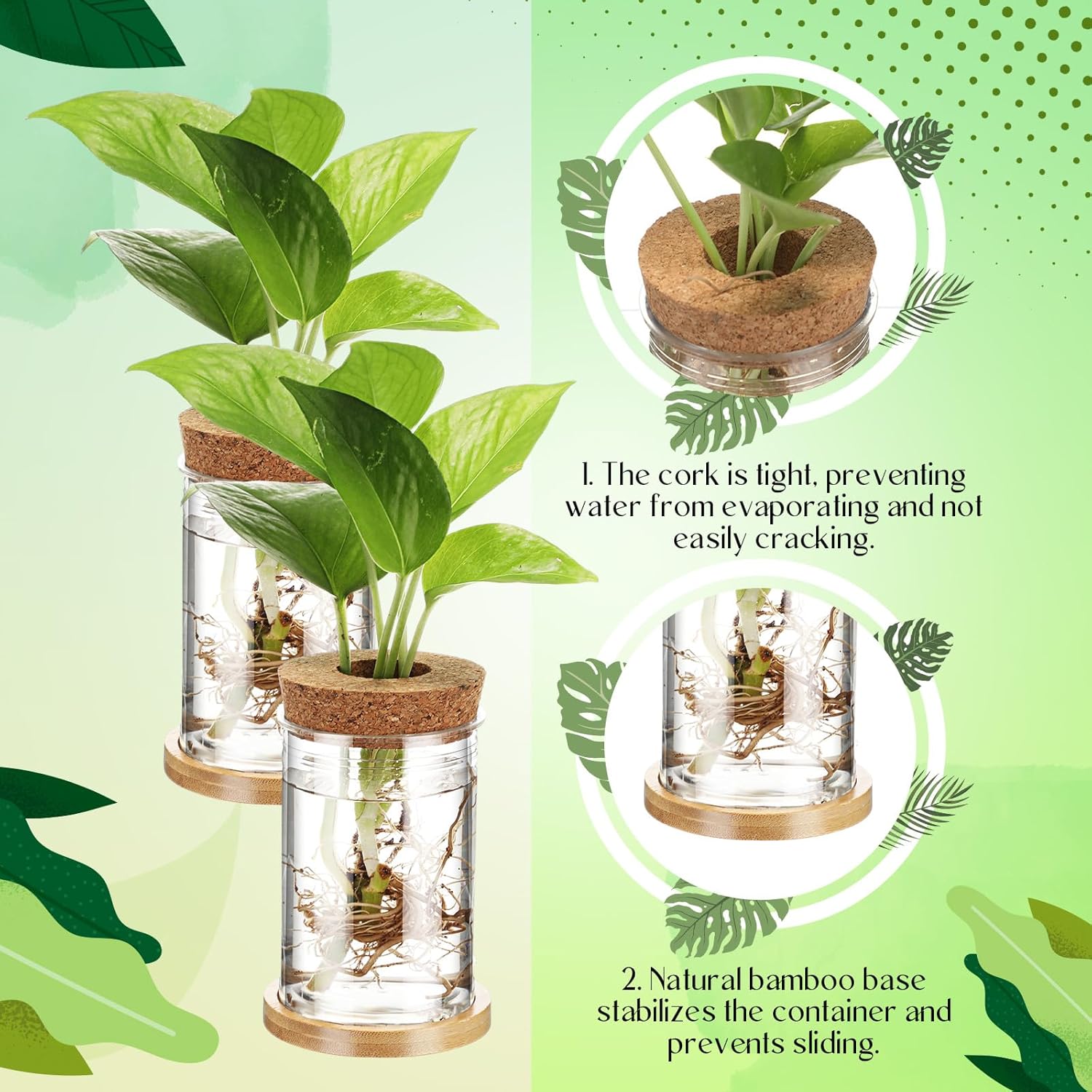 Baderke 9 Packs Propagation Vases for Plants Plastic Plant Propagation Station with Hole Lid and Bamboo Stand Growing in Water Hydroponic Home Office Table Decoration(Classic Style)