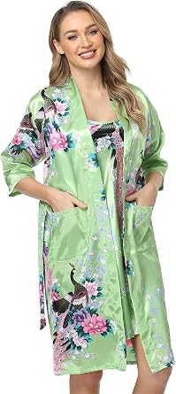 Womens Floral Satin Kimono Robe and Nightgown Set with Camisole 2 Piece Sleepwear Peacock Bathrobe
