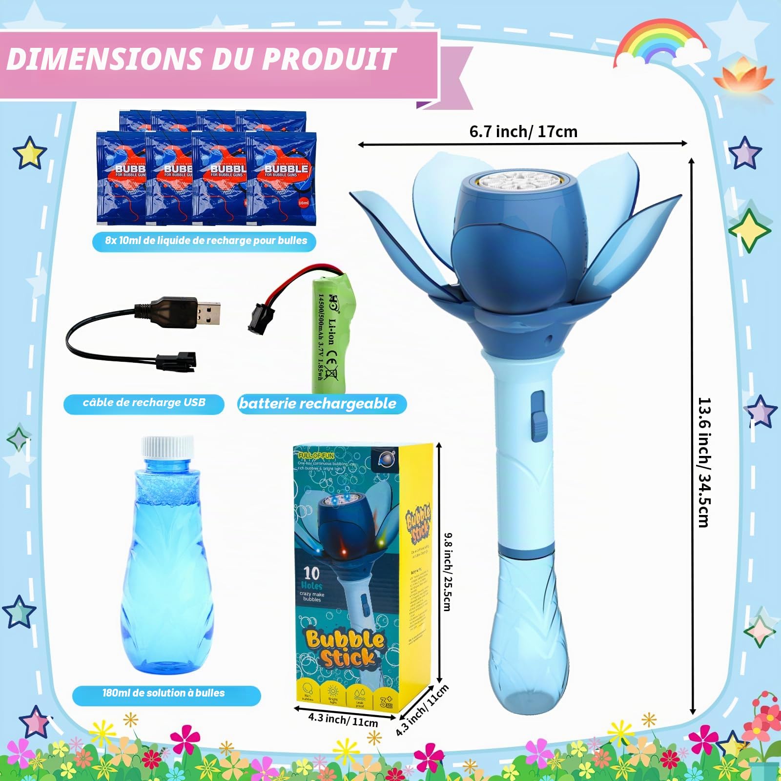 Machine a Bulle, Fleur de Lotus Machine à Bulles Enfants 10000+ Bulles/Minute, Pistolet a Bulles pour Enfant avec 120ml Solution et 8X 10ml Concentré à Bulles (Bleu)