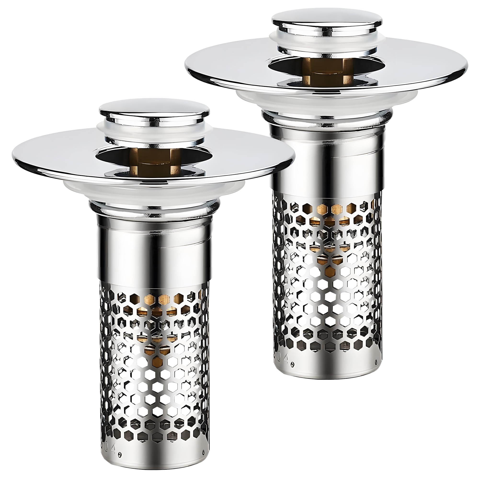 2PCS Stainless Steel Pop Up Drain Plug with Hair Catcher, Universal Sink Stopper for Kitchen, Bathroom, Wash Basin & Bathtub - One-Touch Drain Filter & Clog Prevention