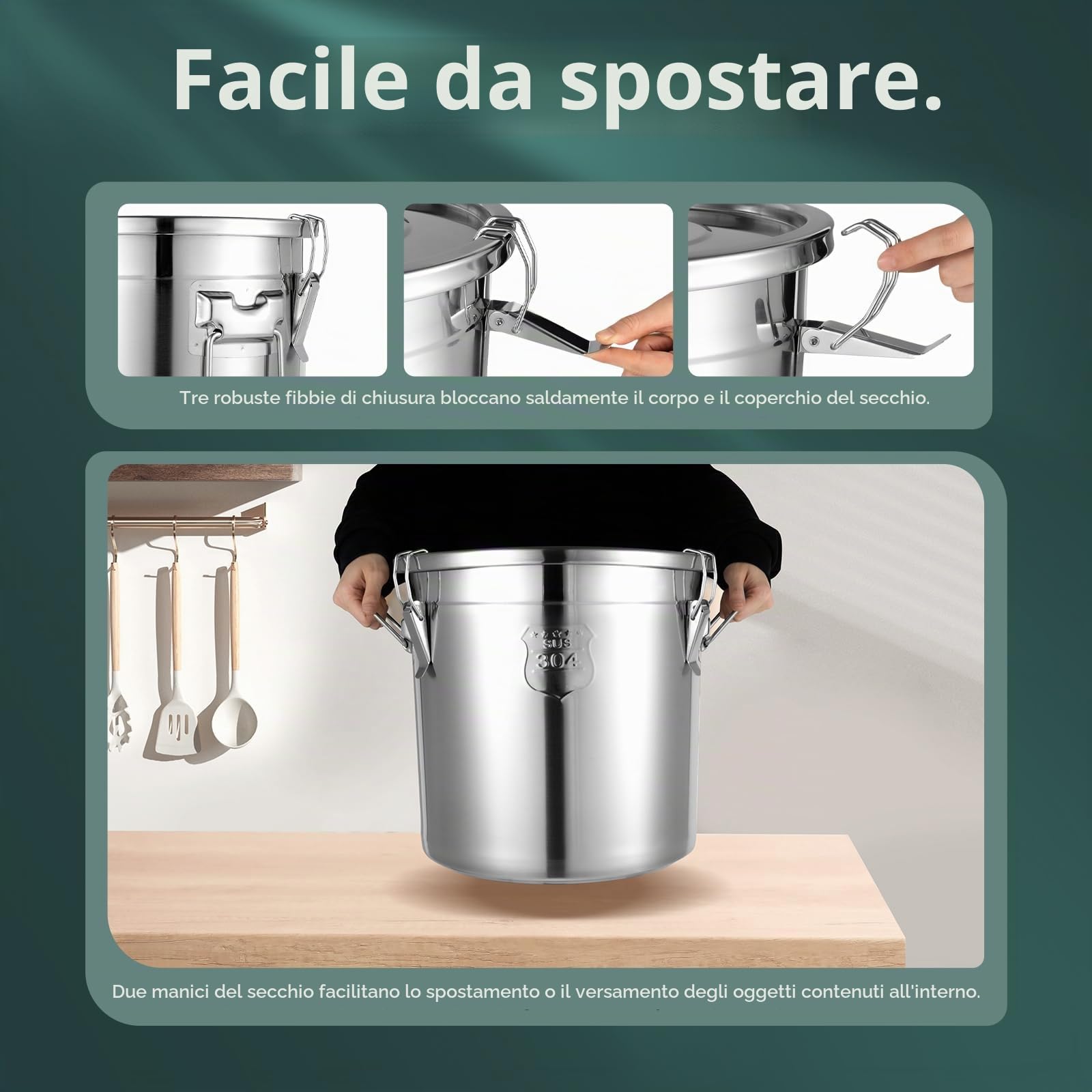 contenitore ermetico in acciaio inox 6/12/21/33 l, per cereali e conservazione alimenti in cucina