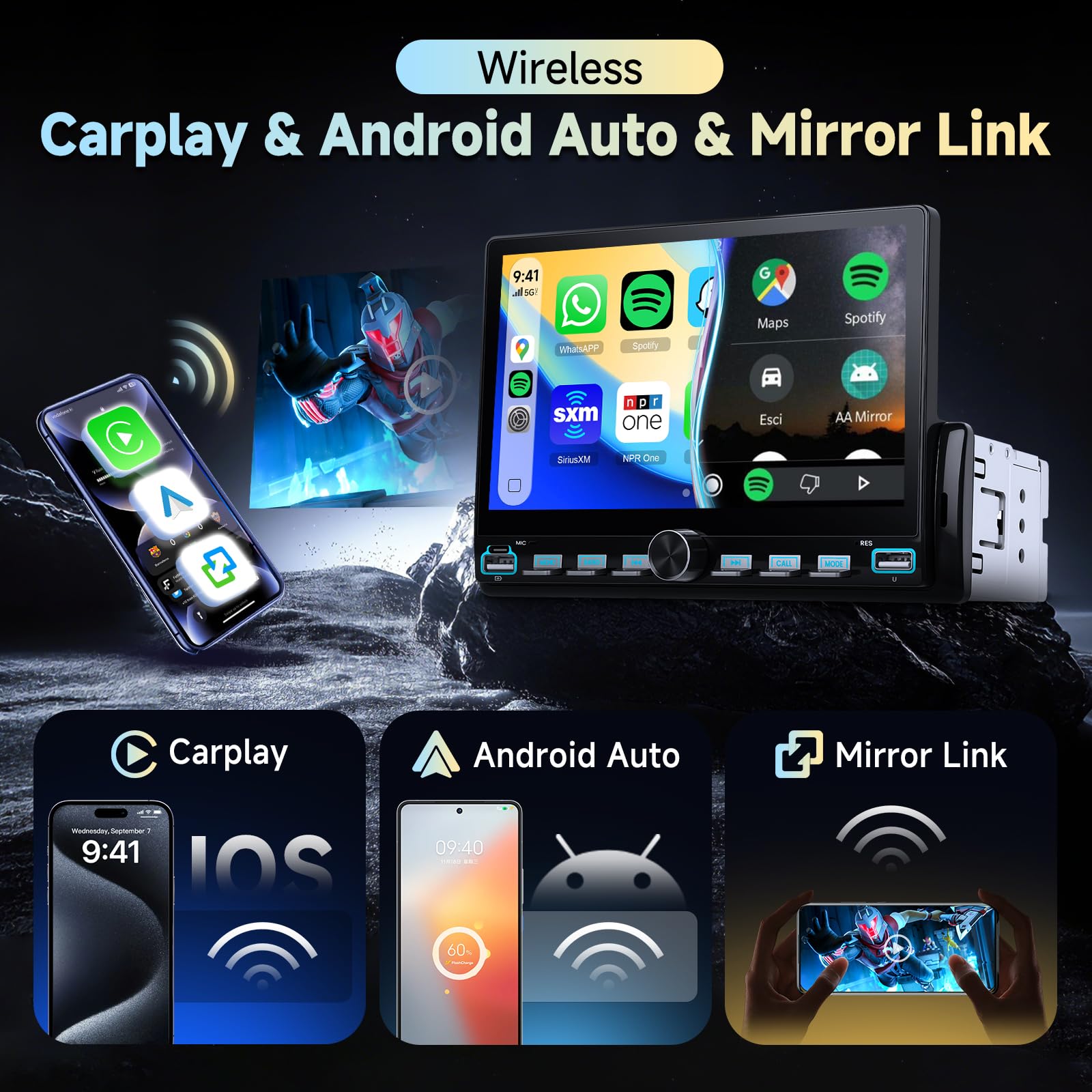 Hodozzy Autoradio 1 Din avec Carplay sans Fil Android Auto, Écran Tactile 7 Pouces Poste Radio Voiture 1 Din Bluetooth, Lien Miroir, FM Type-C/USB/AUX, MP5 Lecteur Vidéo en Ligne avec Caméra Recul