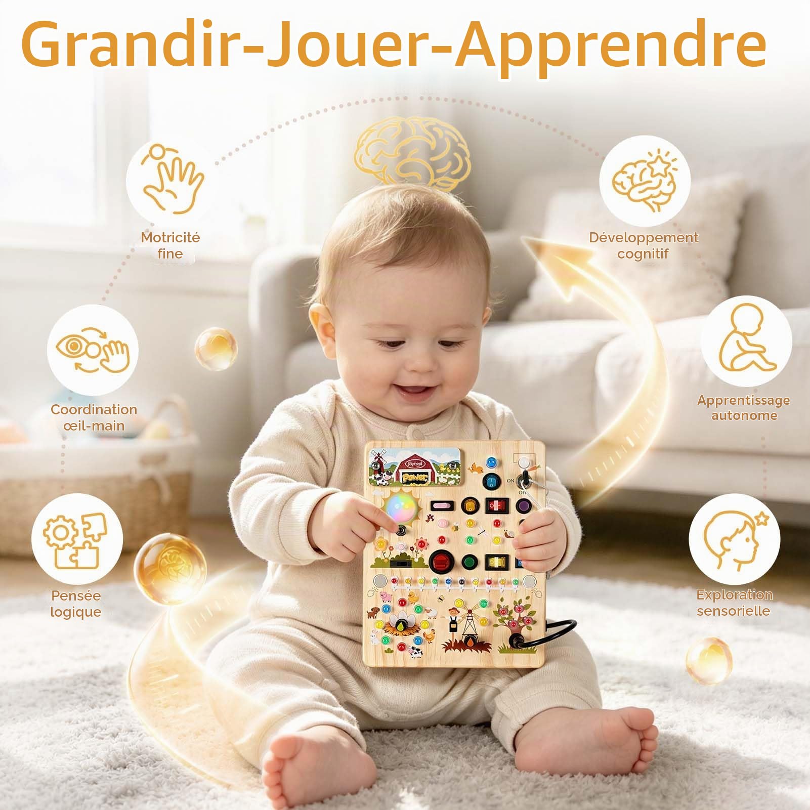 Joyreal Busy Board Jouet Enfant 2 Ans, Tableau D’activités Montessori en Bois avec 39 Lumières LED Et 17 Interrupteurs, Jouet Bebe 1 2 3 Ans, Jouet Sensoriel Éducatif pour Garçons Filles 1 2 3 Ans