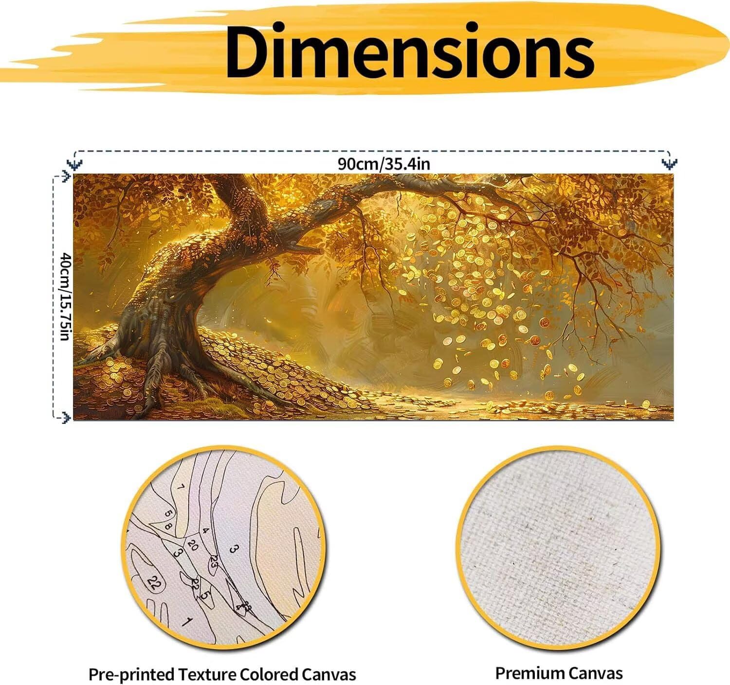 Malen Nach Zahlen Erwachsene Baum Malen Nach Zahlen Gold Malen Nach Zahlen ab 10 Jahre ädchen Ölgemälde für Kinder Mit 3-Pinseln und Acrylfarbe Paint by Numbers Kit Kinder (Ohne Rahmen,60X120CM) 0-C