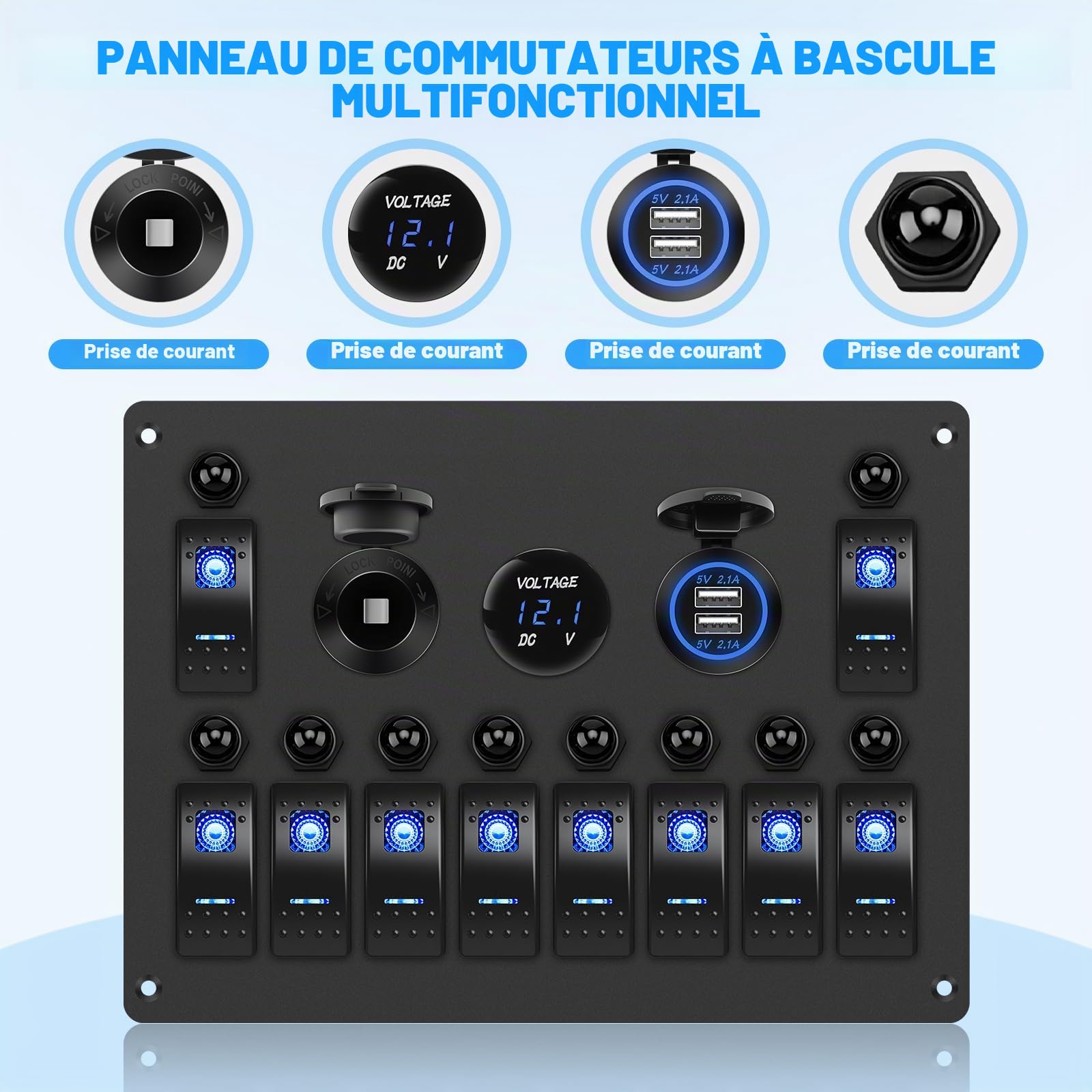Geloo Panneau de Commutation à Bascule à 10 Gang 12 V 24 V Interrupteur à Bascule Étanche avec Disjoncteur Voltmètre Prise Allume-cigare Double Chargeur USB